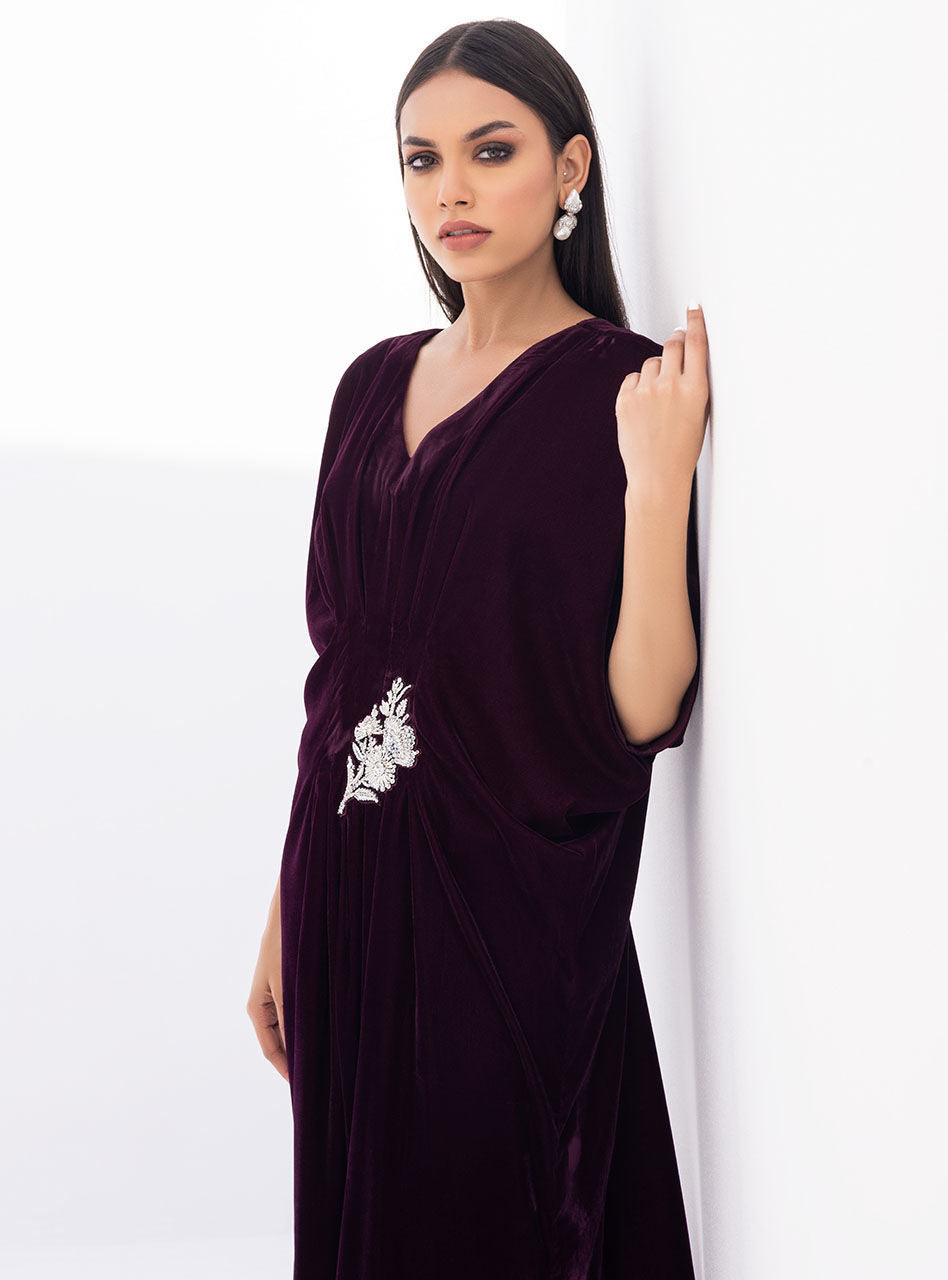 Pakistani Plum Hand Embroidered Velvet Kaftan (1-Pc) - Image 5