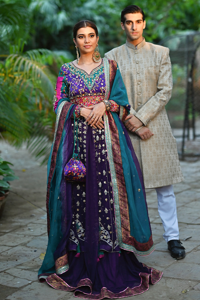 Royal Purple Zardozi Net Kalidar Dress (3-Piece) - Image 1