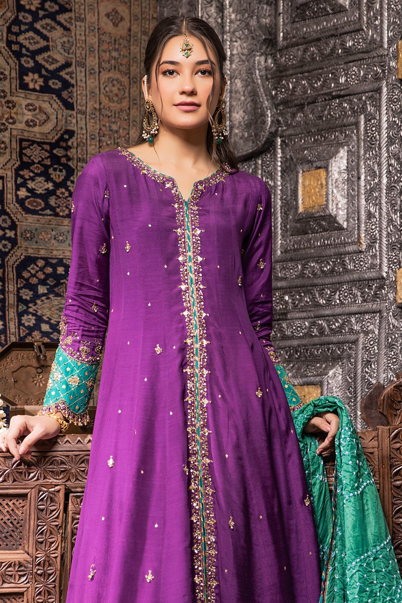 Pakistani Purple Hand Embroidered PK Raw Silk Kalidaar (3-Piece) - Image 1