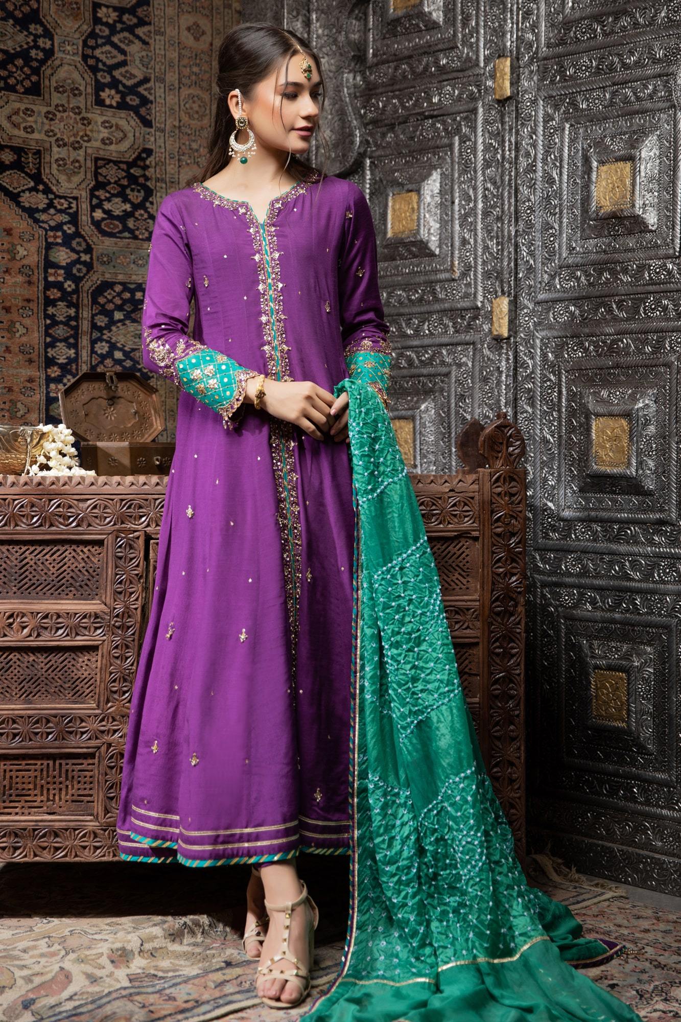 Pakistani Purple Hand Embroidered PK Raw Silk Kalidaar (3-Piece) - Image 3