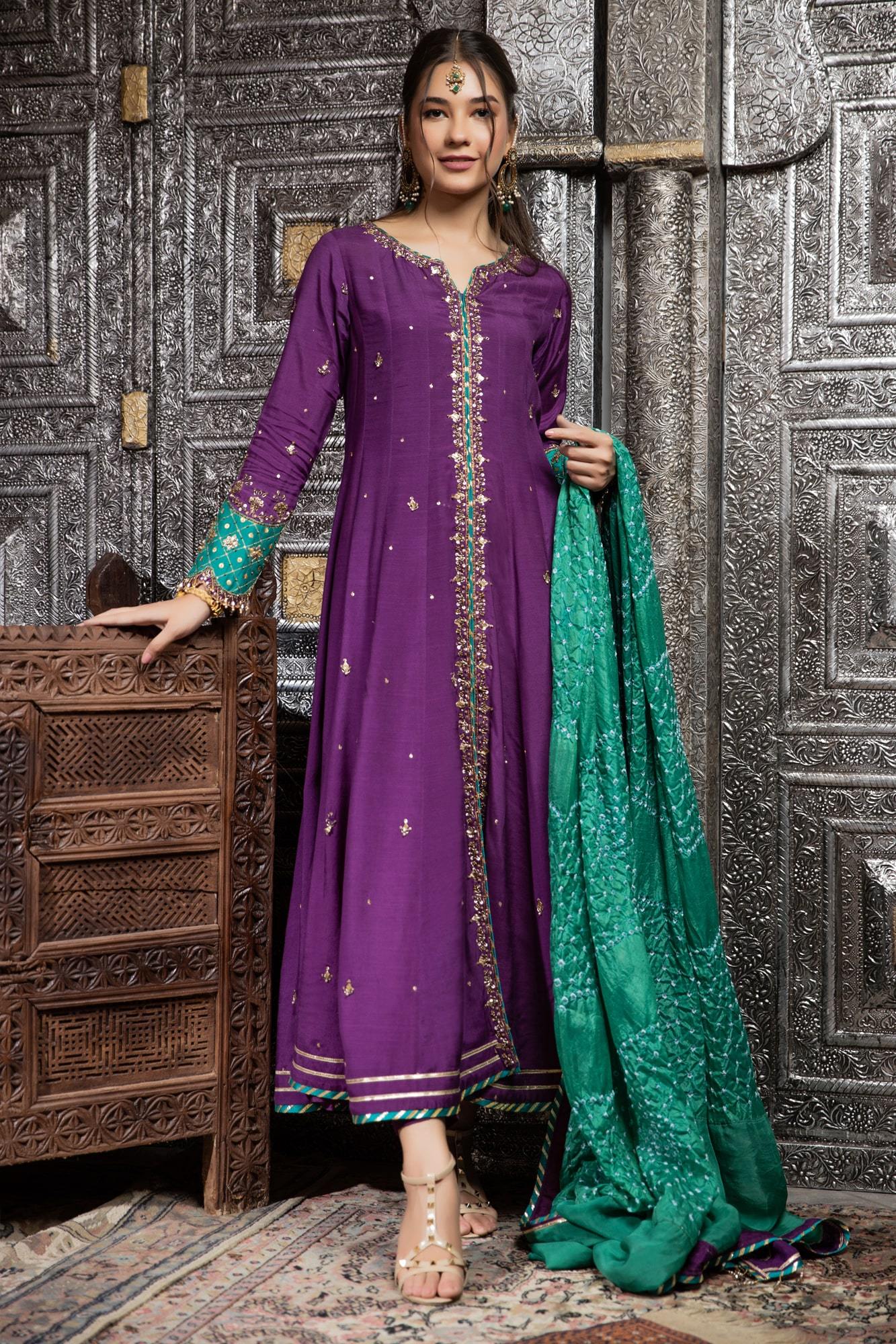 Purple Hand Embroidered Raw Silk Kalidaar (3-Piece) - Image 2