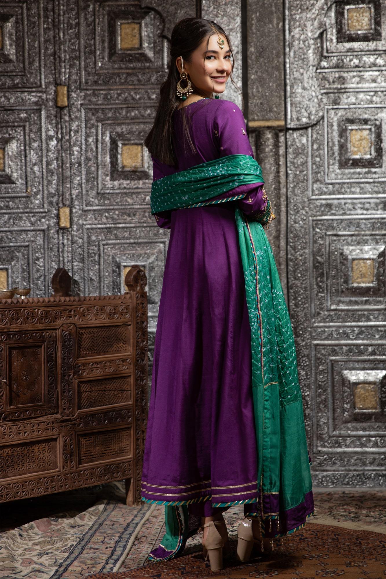 Purple Hand Embroidered Raw Silk Kalidaar (3-Piece) - Image 4