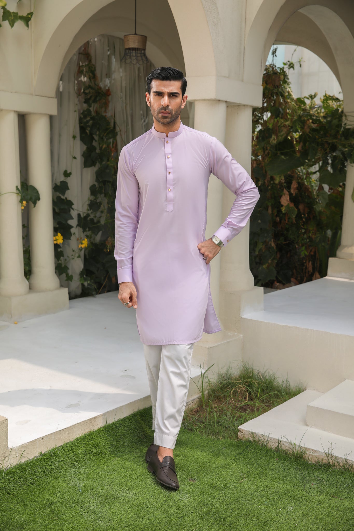 Lilac Tonal-Stitched Blended Fabric Kurta Trouser (2-Piece) - Image 2