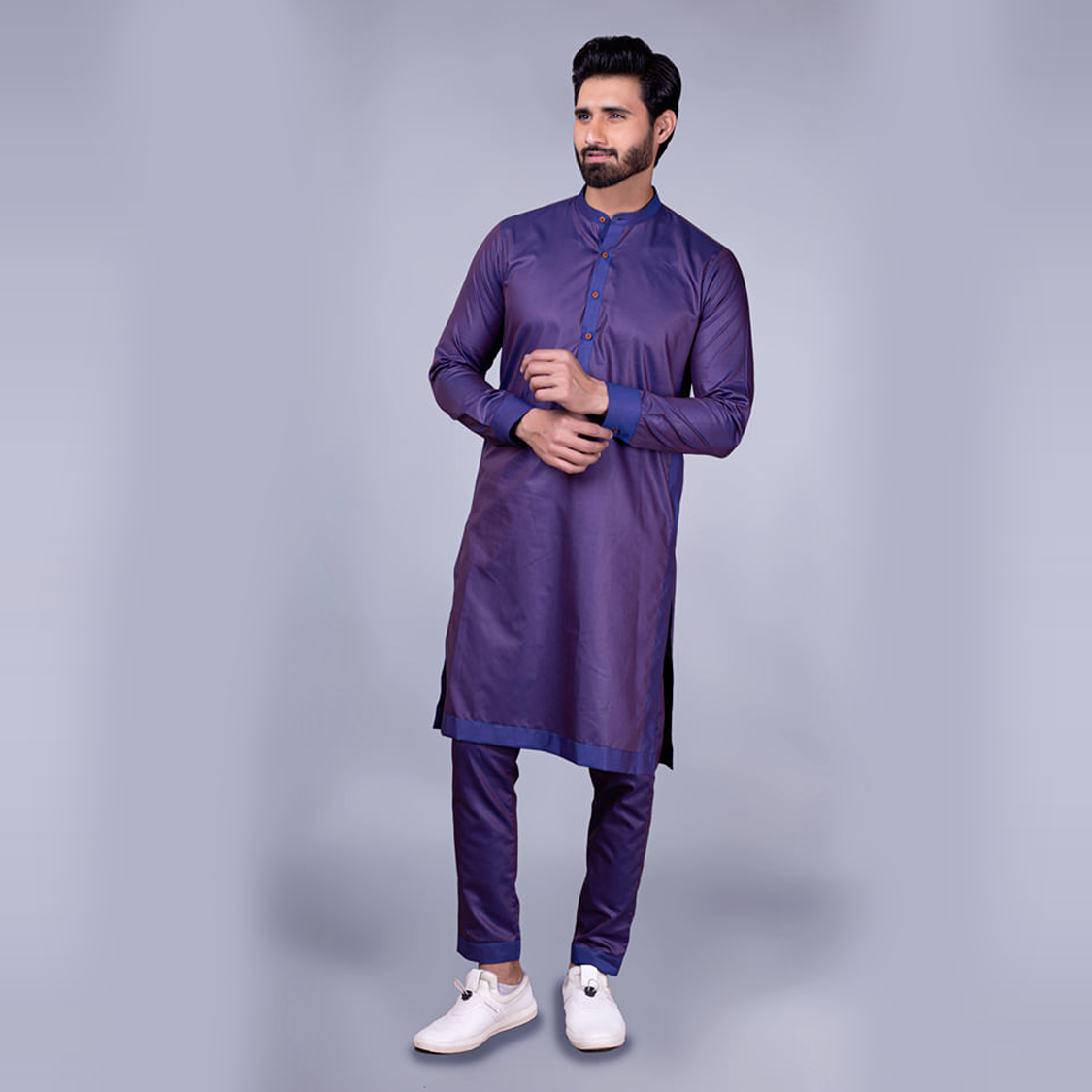 Purple Multi-Tone Blended Fabric Kurta Pajama (2-Piece) - Image 3