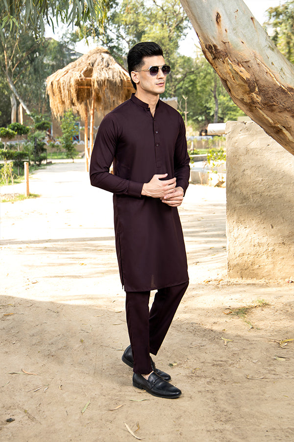 Plum Solid Cotton-Polyester Kurta Pajama (2-Piece) - Image 1