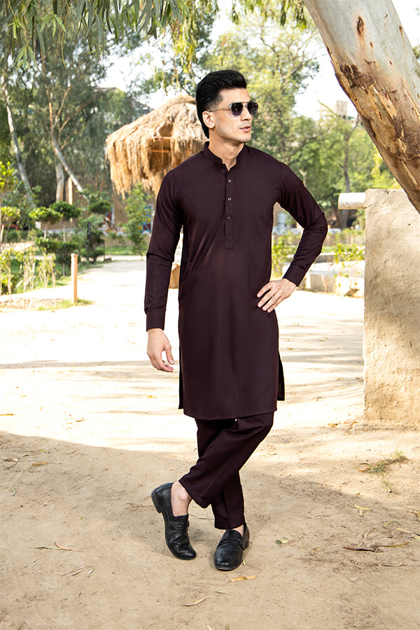 Plum Solid Cotton-Polyester Kurta Pajama (2-Piece) - Image 2