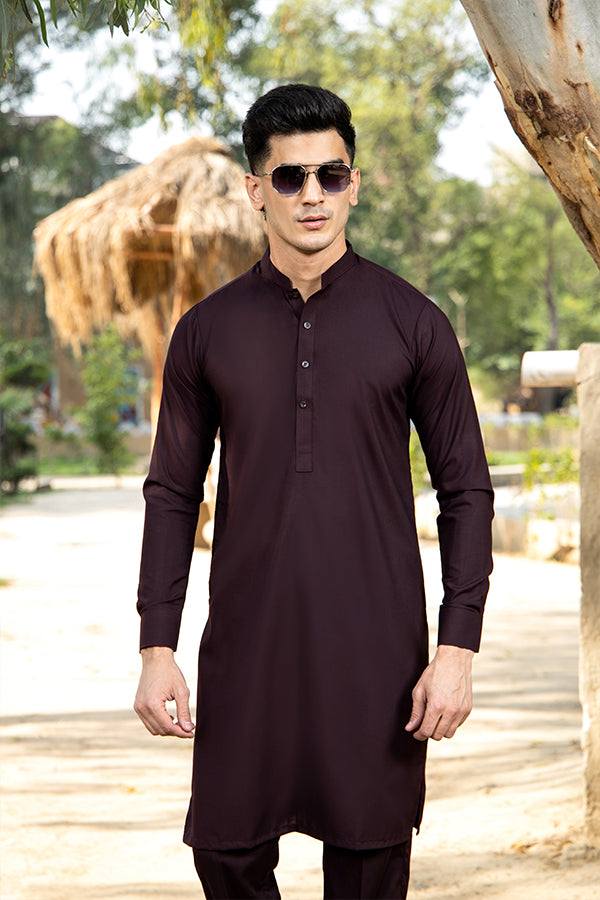 Plum Solid Cotton-Polyester Kurta Pajama (2-Piece) - Image 3