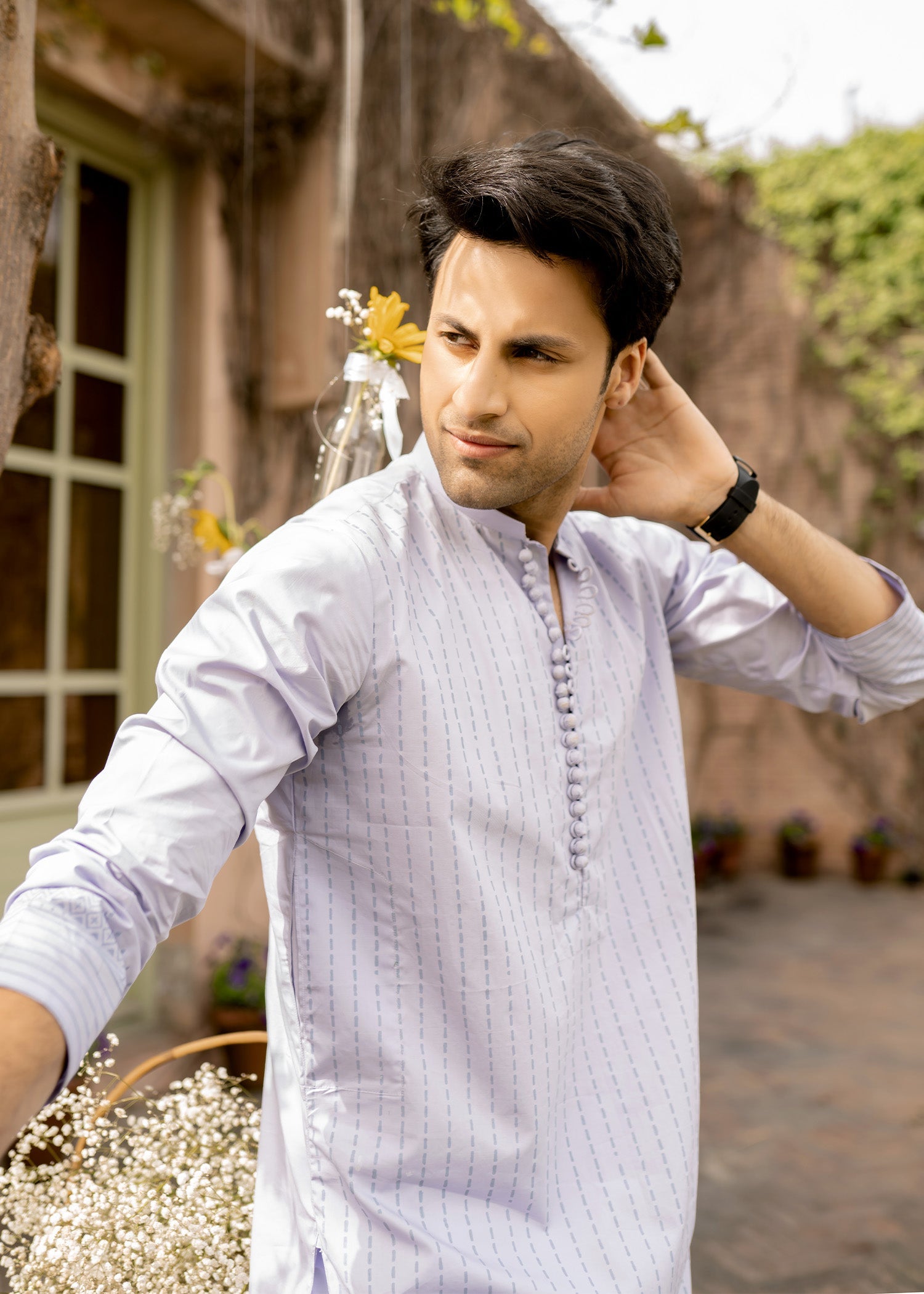 Lavender Printed Cotton Kurta Pajama (2-Piece) - Image 2