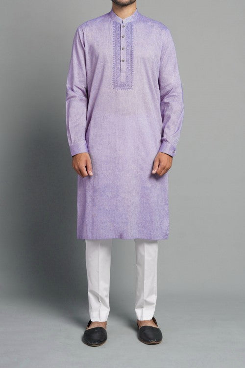Light Purple Embroidered Cotton Kurta Pajama (2-Piece) - Image 1