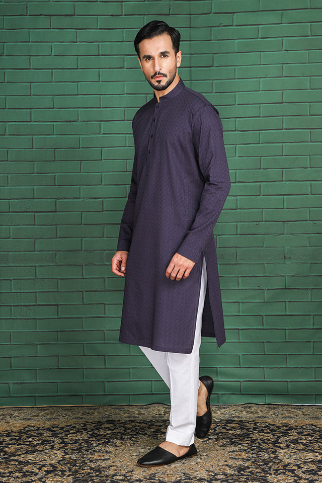Purple Self-Textured Cotton Kurta (2-Piece) - Image 2