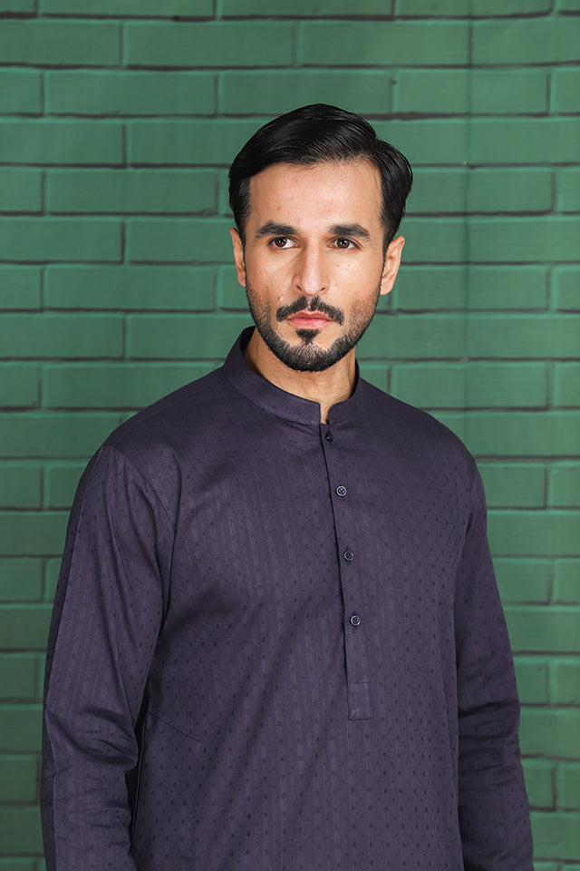 Purple Self-Textured Cotton Kurta (2-Piece) - Image 3