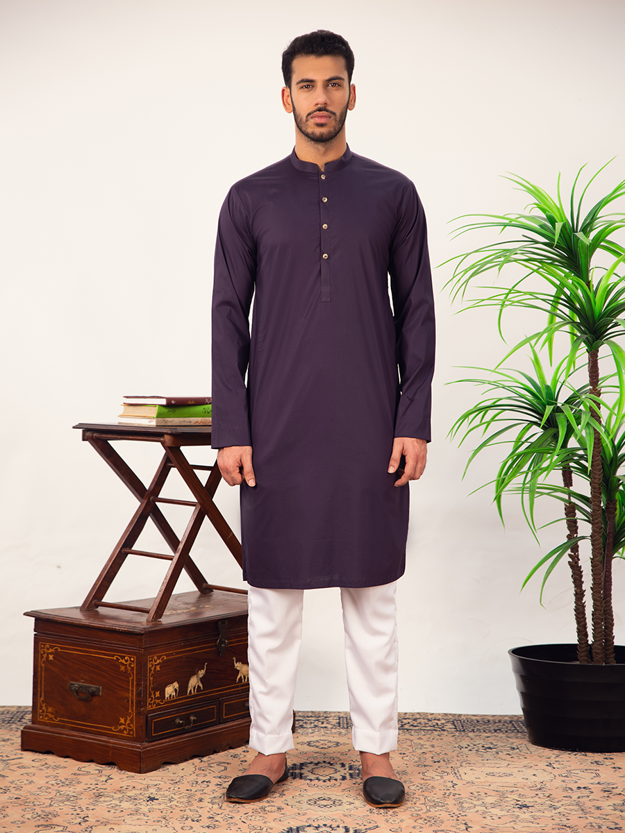 Plum Cotton Slim-Fit Kurta Pajama (2-Piece) - Image 1