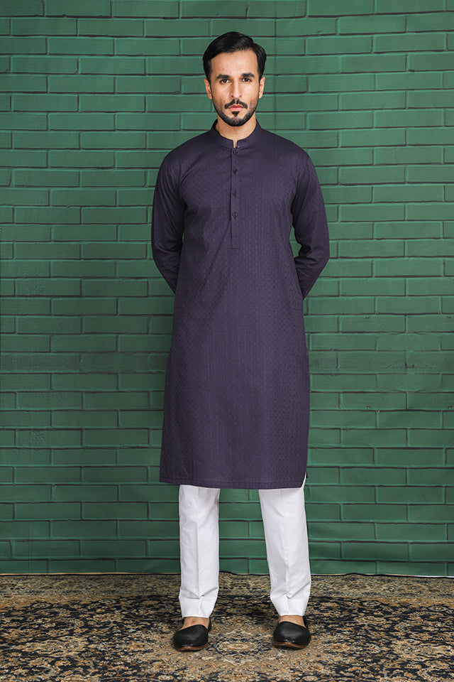 Deep Purple Self-Textured Cotton Kurta Pajama (2-Piece) - Image 1