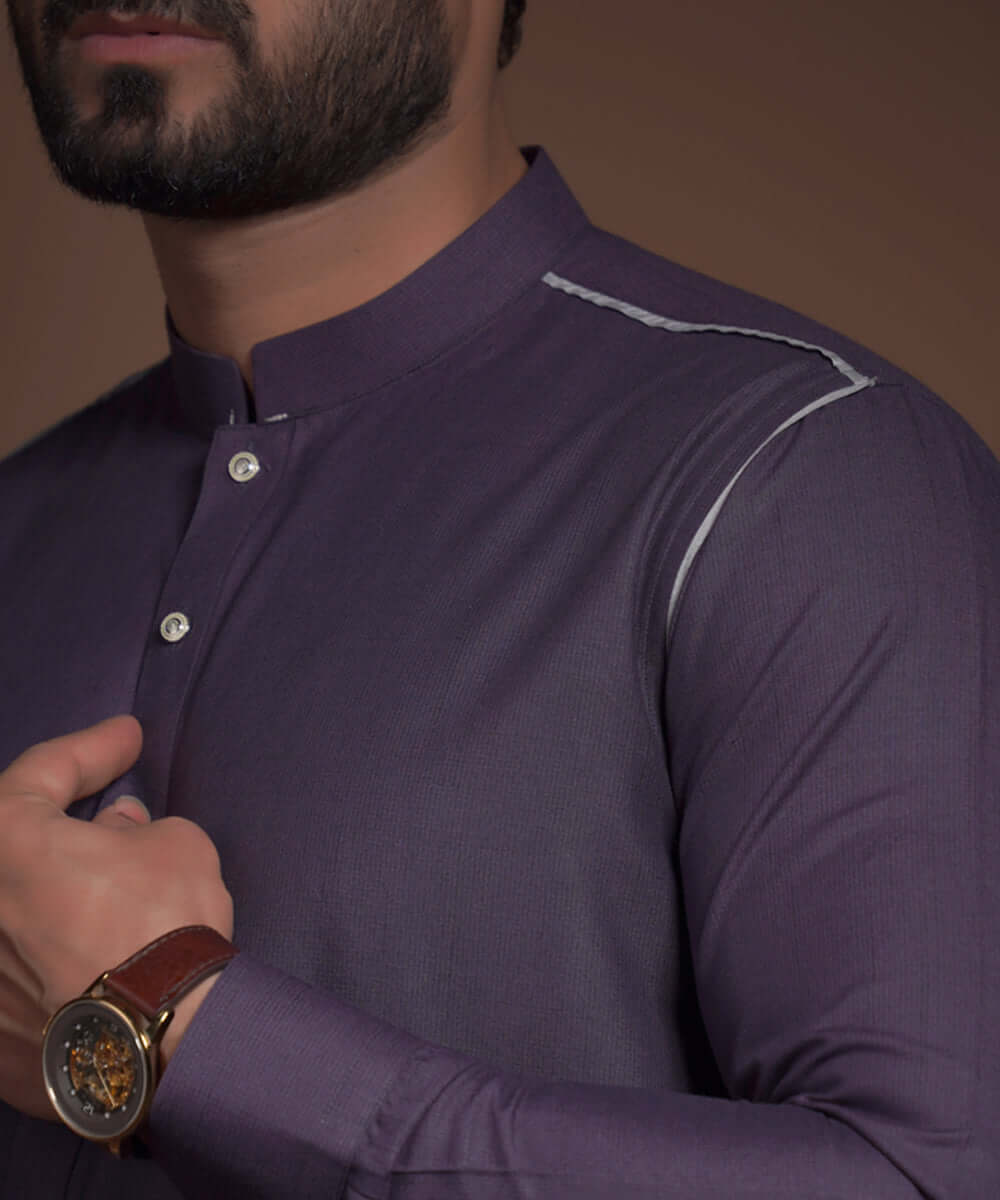 Deep Aubergine Textured Cotton-Viscose Kurta Pajama (2-Piece) - Image 3