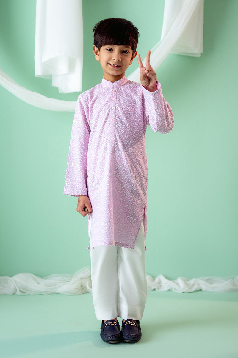 Lavender Schiffli Cotton Boys' Kurta Pajama (2-Piece) - Image 1