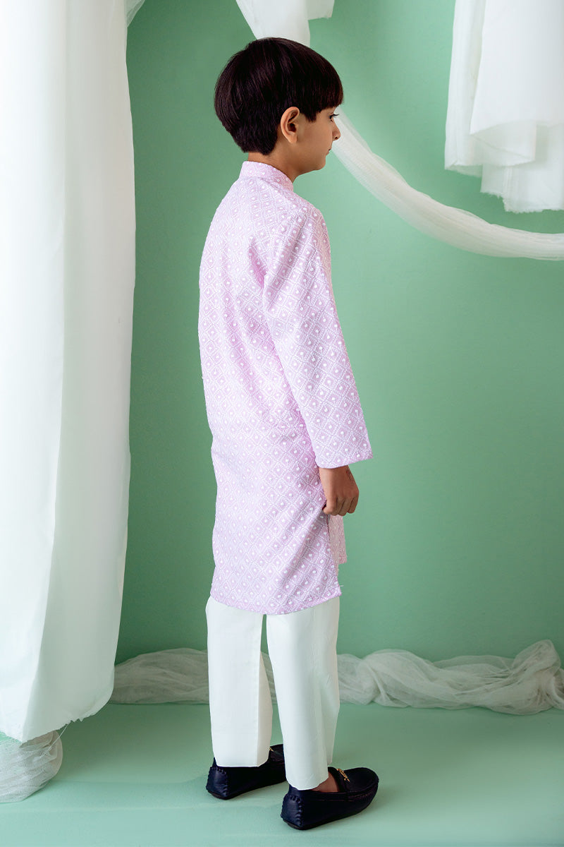 Lavender Schiffli Cotton Boys' Kurta Pajama (2-Piece) - Image 2