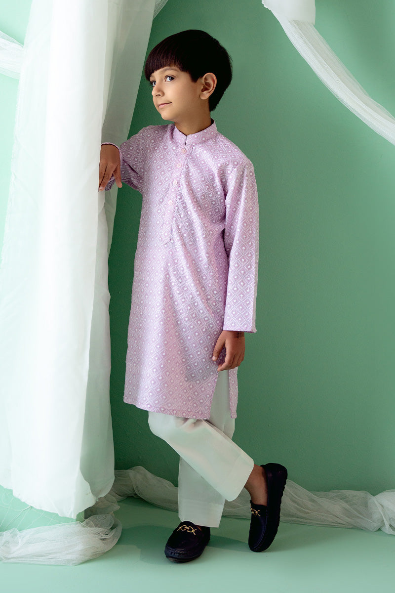Lavender Schiffli Cotton Boys' Kurta Pajama (2-Piece) - Image 4