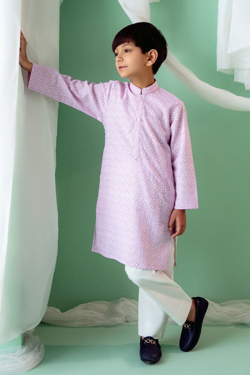 Lavender Schiffli Cotton Boys' Kurta Pajama (2-Piece) - Image 5