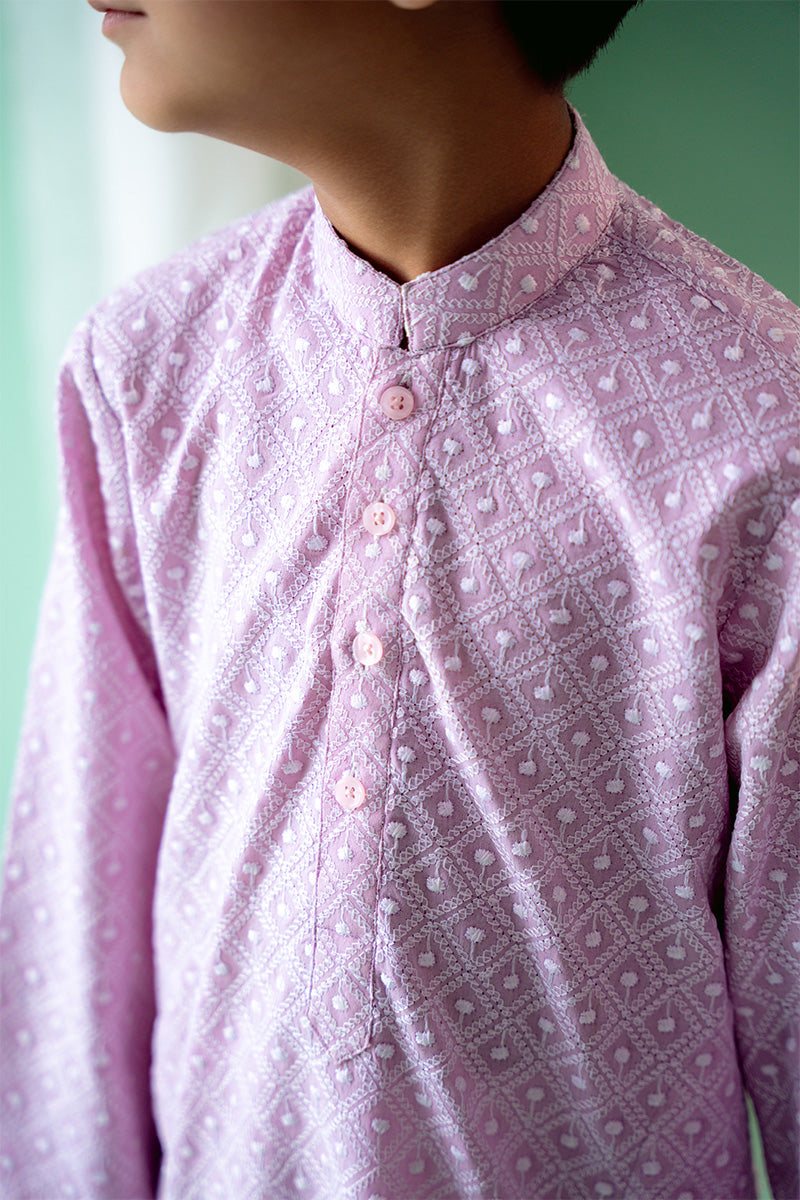 Lavender Schiffli Cotton Boys' Kurta Pajama (2-Piece) - Image 6