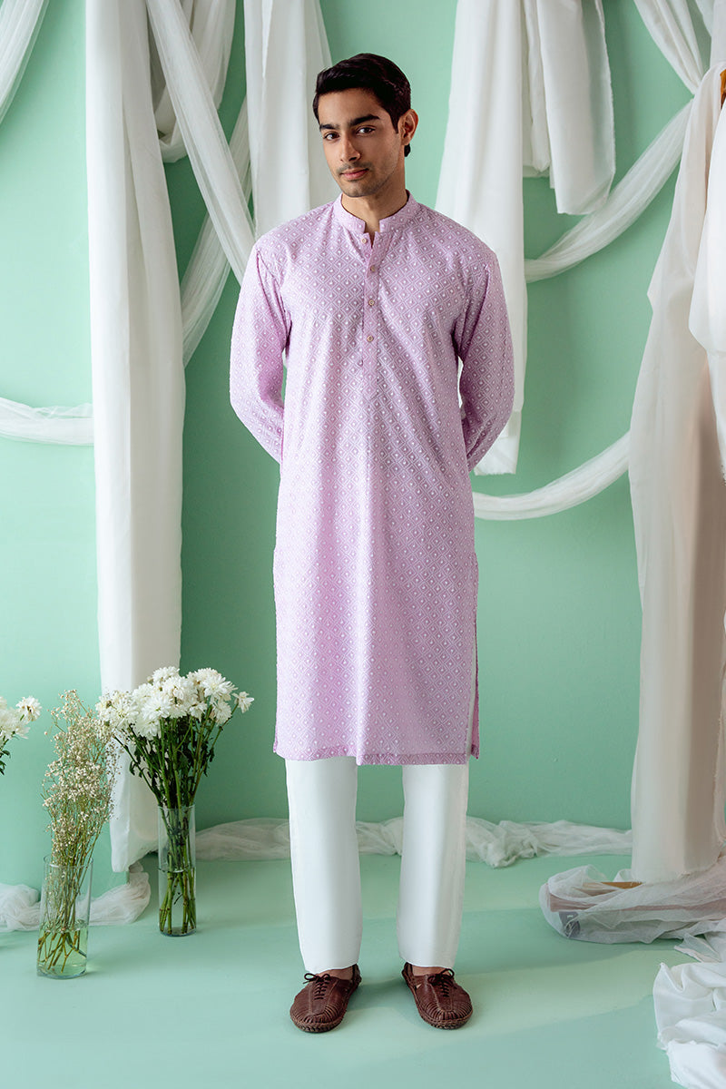 Lavender Schiffli Cotton Kurta Pajama (2-Piece) - Image 1