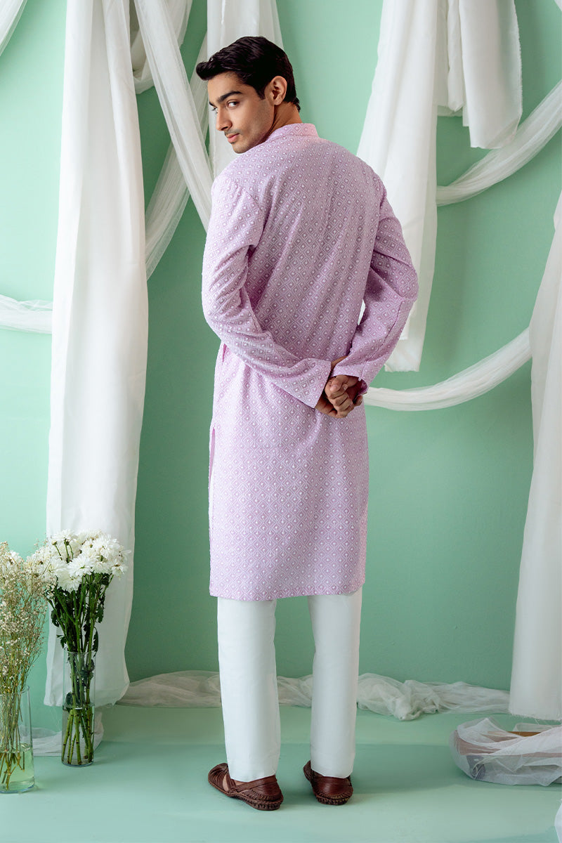 Lavender Schiffli Cotton Kurta Pajama (2-Piece) - Image 2