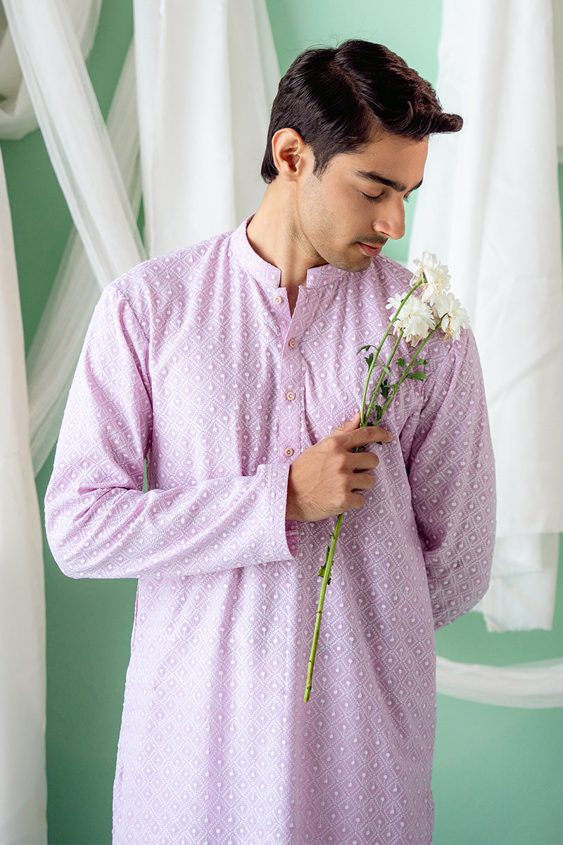 Lavender Schiffli Cotton Kurta Pajama (2-Piece) - Image 5