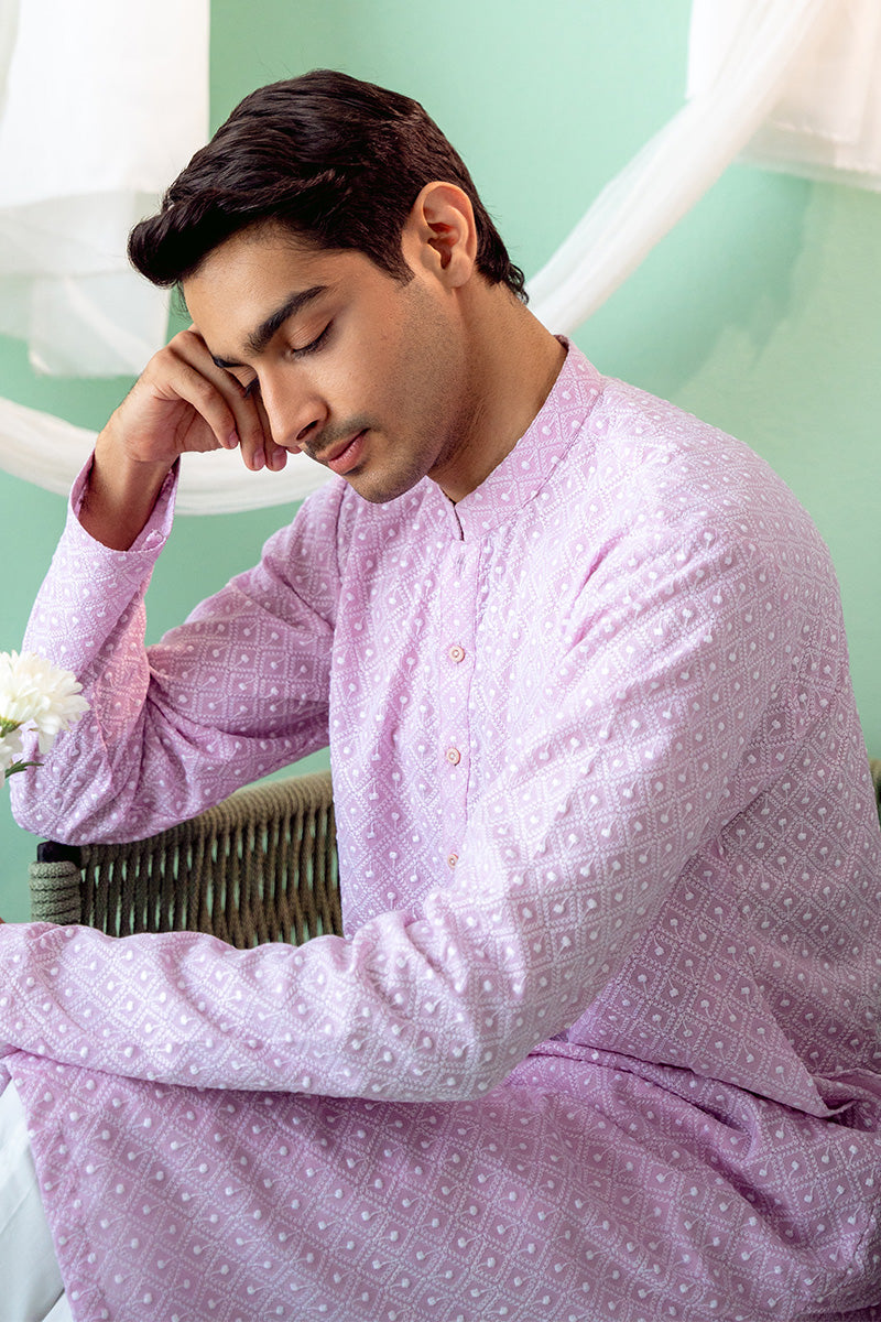 Lavender Schiffli Cotton Kurta Pajama (2-Piece) - Image 7