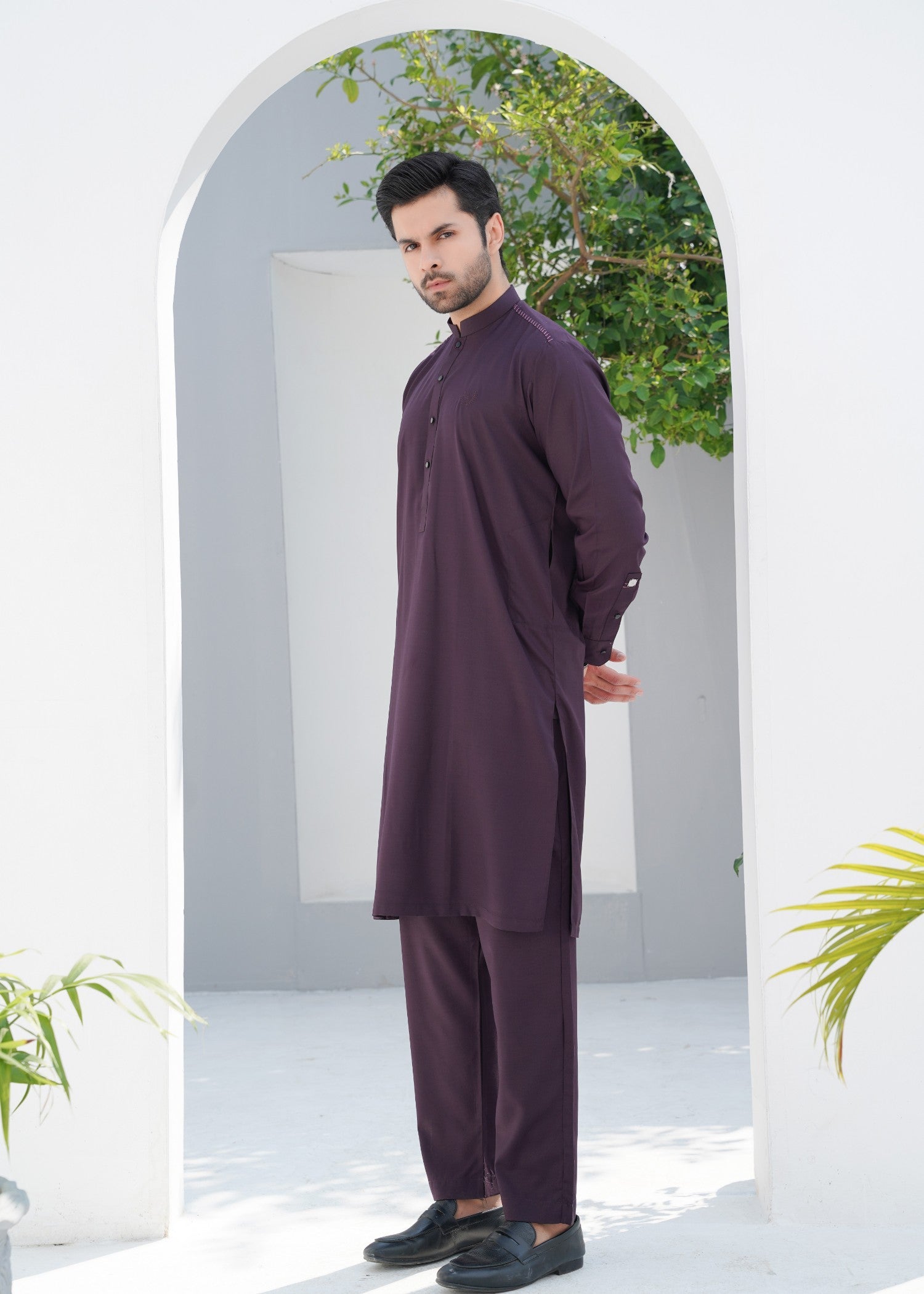 Plum Embroidered Wash & Wear Kurta Set (2-Piece) - Image 1