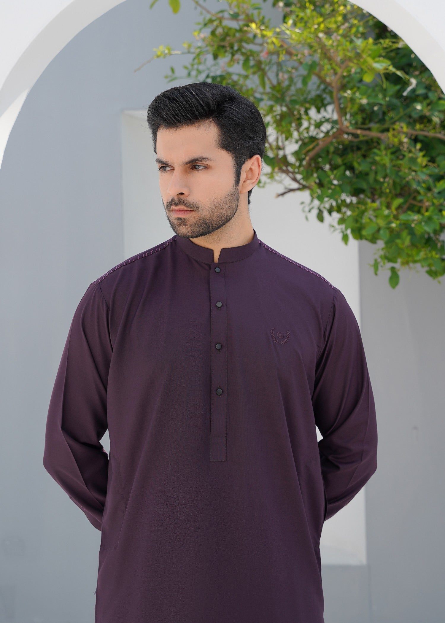 Plum Embroidered Wash & Wear Kurta Set (2-Piece) - Image 3