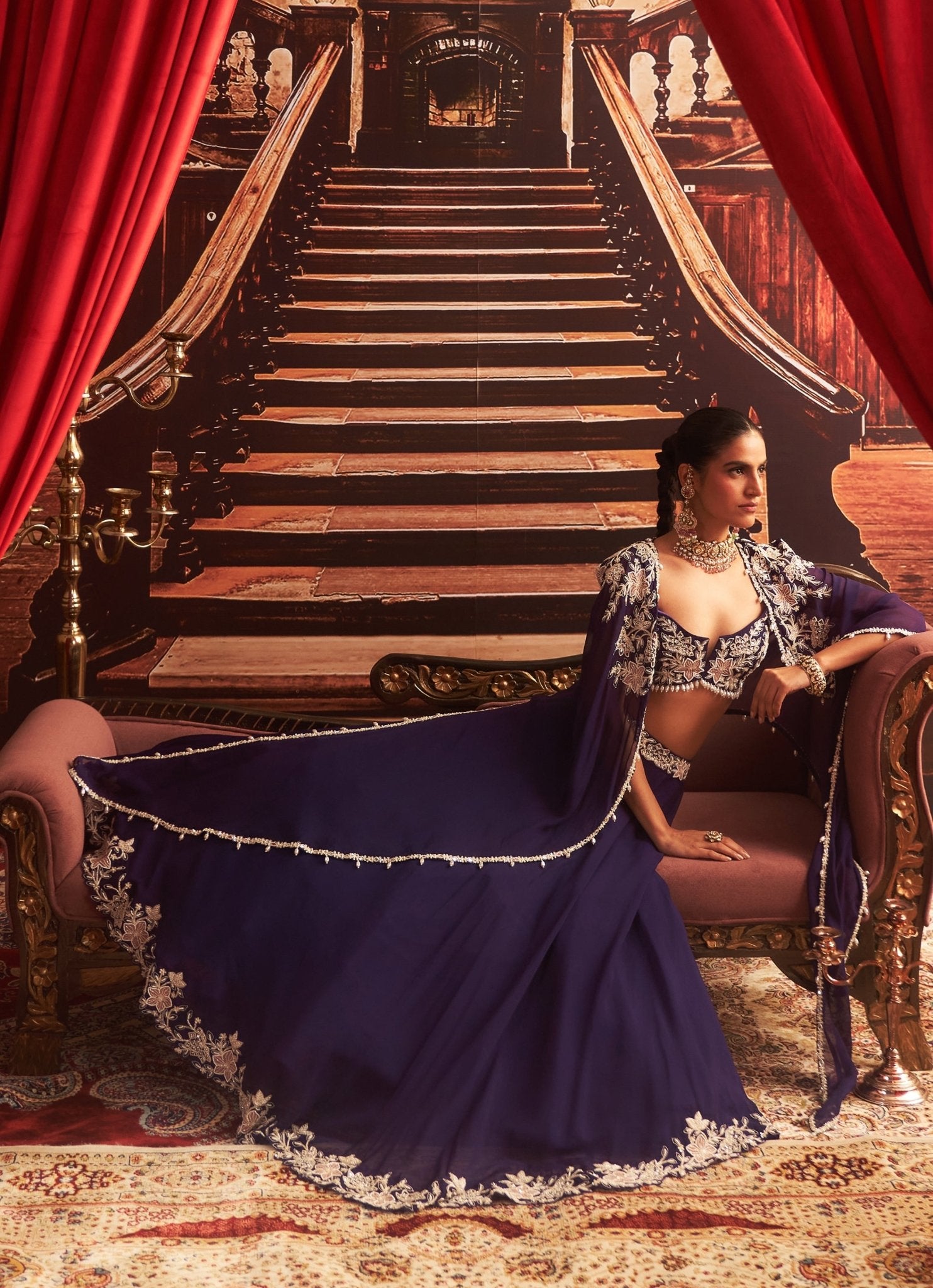 Purple Embroidered Georgette & Organza Lehenga (3-Piece) - Image 1