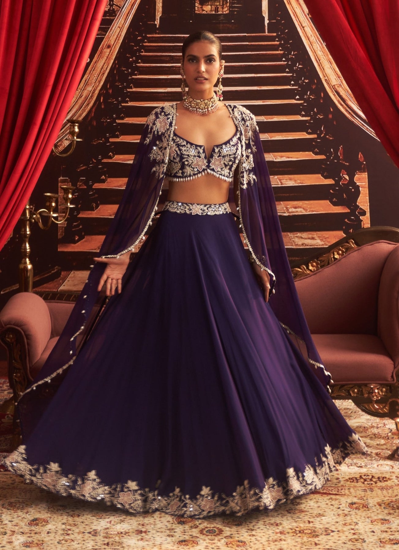 Purple Embroidered Georgette & Organza Lehenga (3-Piece) - Image 3