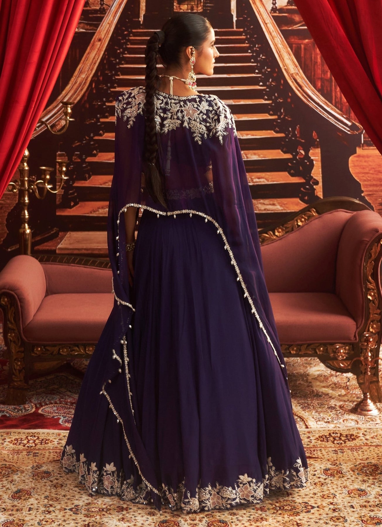 Purple Embroidered Georgette & Organza Lehenga (3-Piece) - Image 4