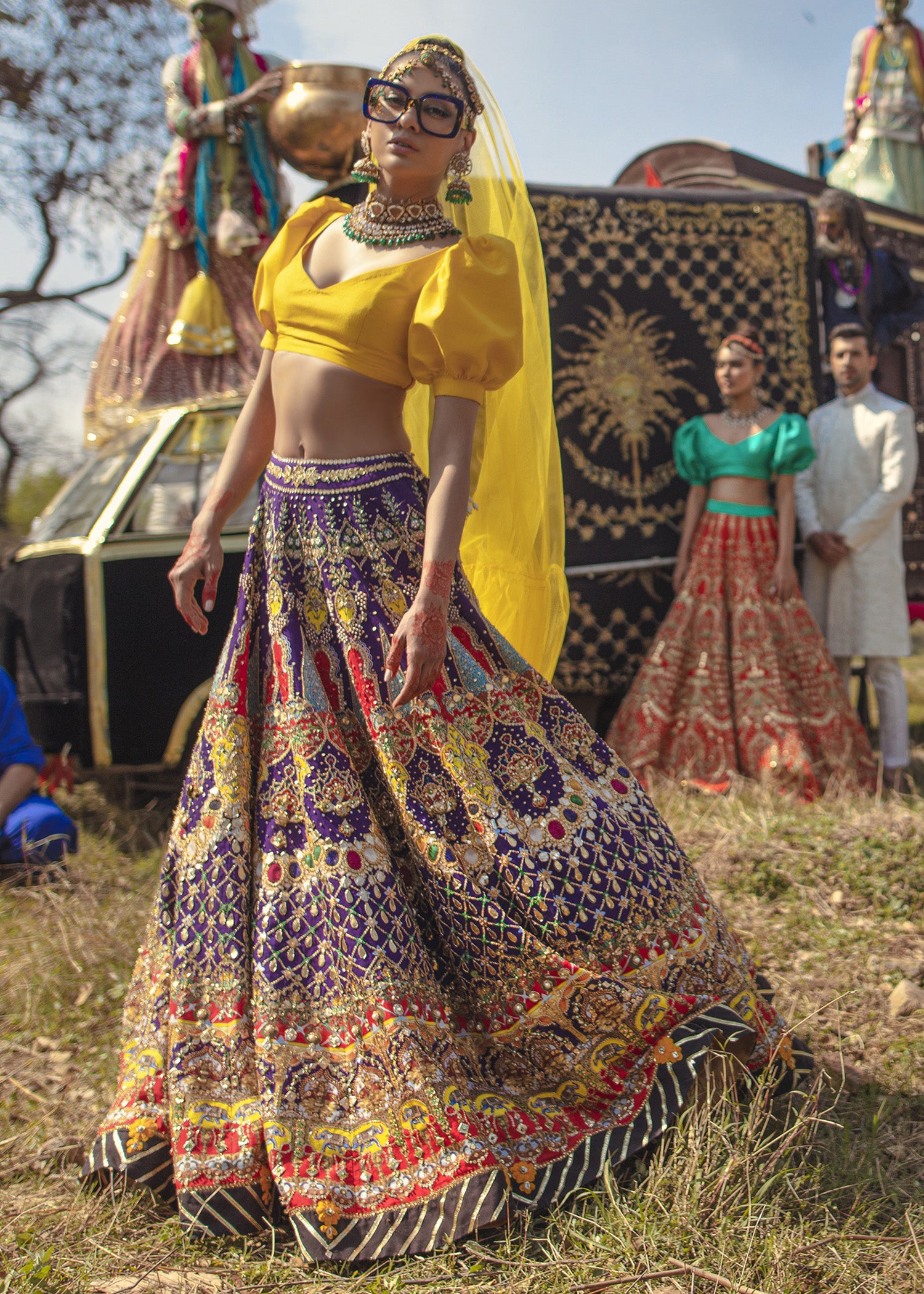 Purple and Yellow Embroidered Raw Silk Lehenga Choli (3-Piece) - Image 1