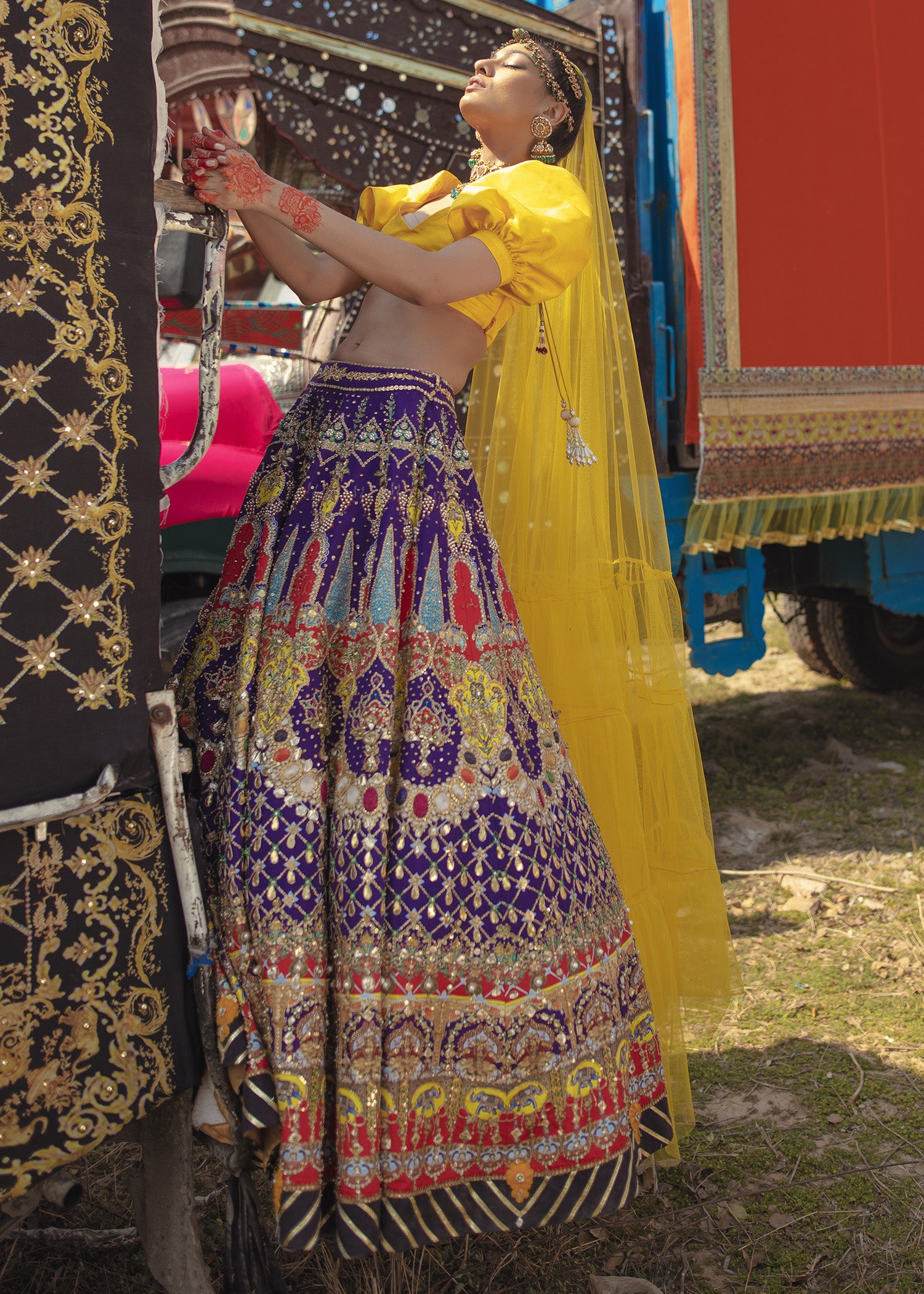 Purple and Yellow Embroidered Raw Silk Lehenga Choli (3-Piece) - Image 2
