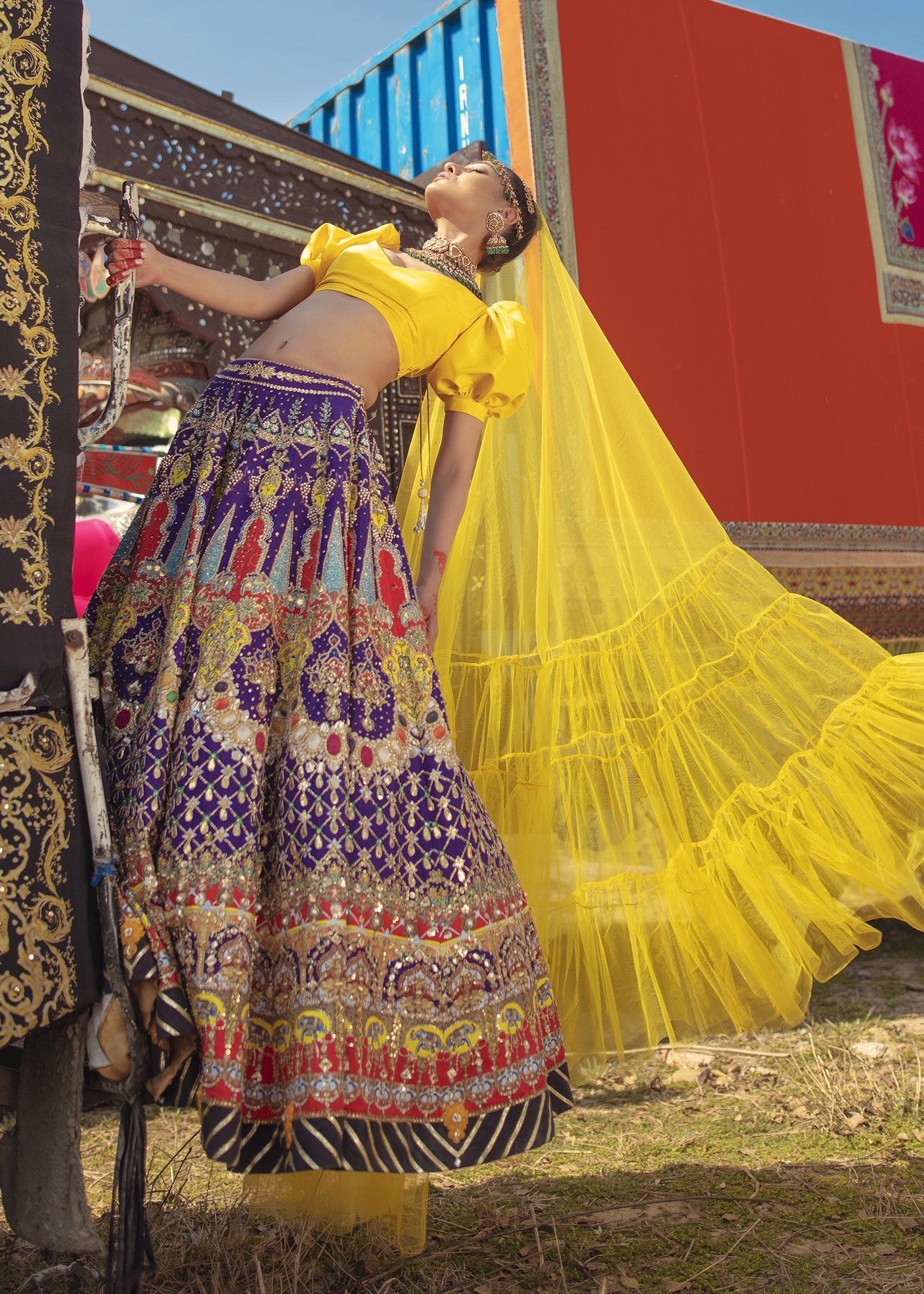 Purple and Yellow Embroidered Raw Silk Lehenga Choli (3-Piece) - Image 4