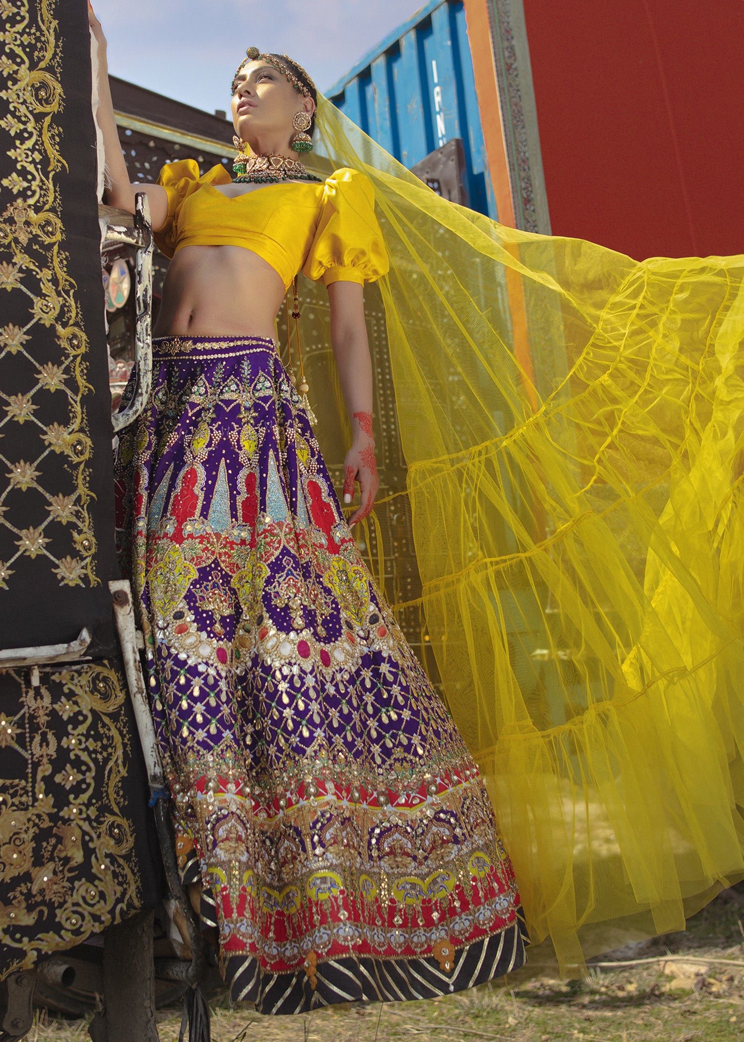 Pakistani Purple and Red Embroidered Raw Silk Lehenga Choli (3-Piece) - Image 3