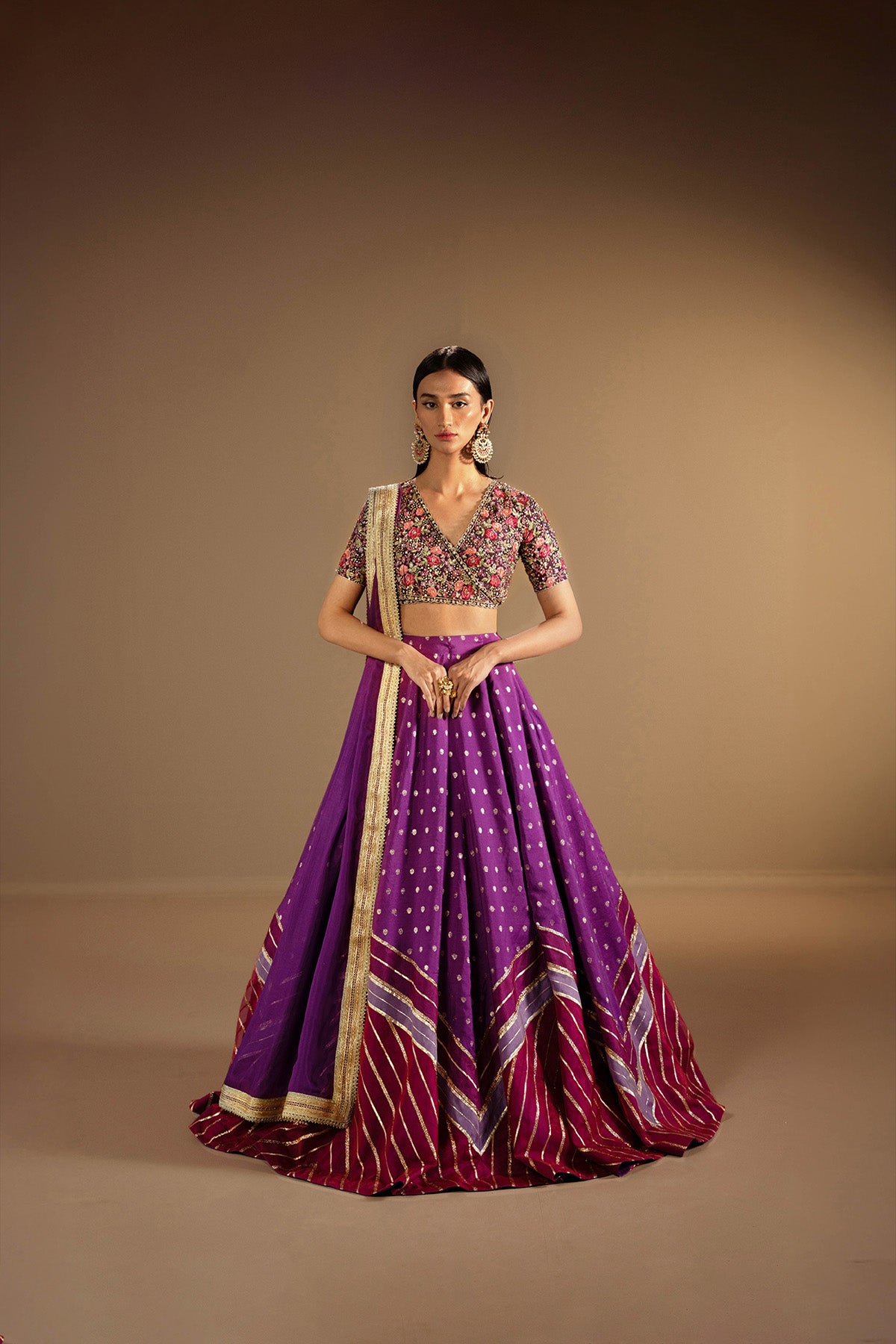 Dark Purple Embroidered Thai Silk Choli & Zari Lehenga (3-Piece) - Image 1