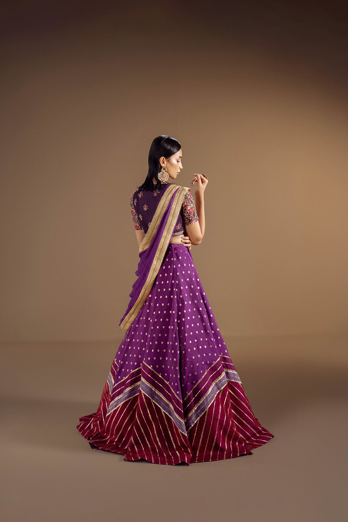 Dark Purple Embroidered Thai Silk Choli & Zari Lehenga (3-Piece) - Image 2
