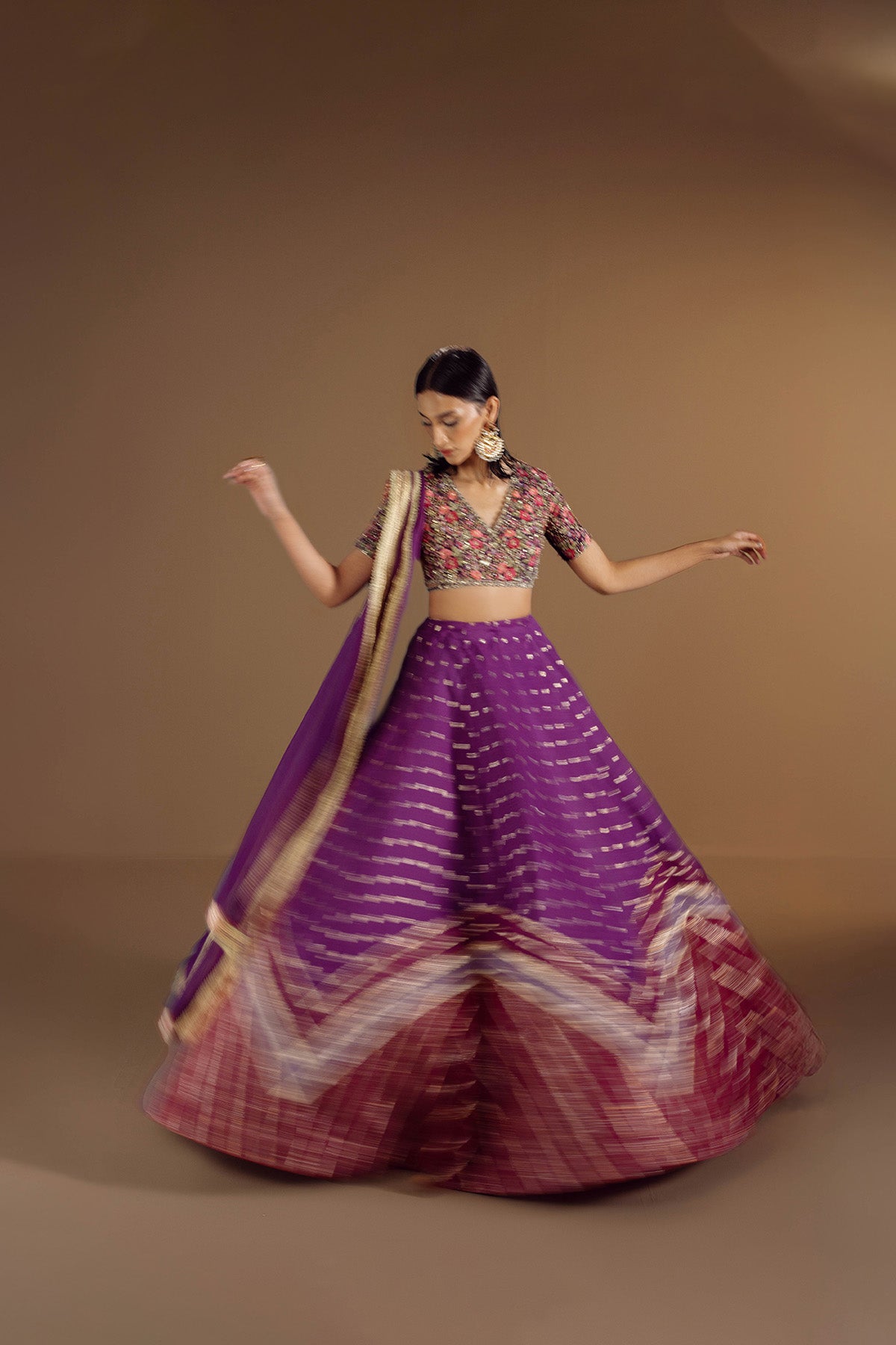 Dark Purple Embroidered Thai Silk Choli & Zari Lehenga (3-Piece) - Image 3