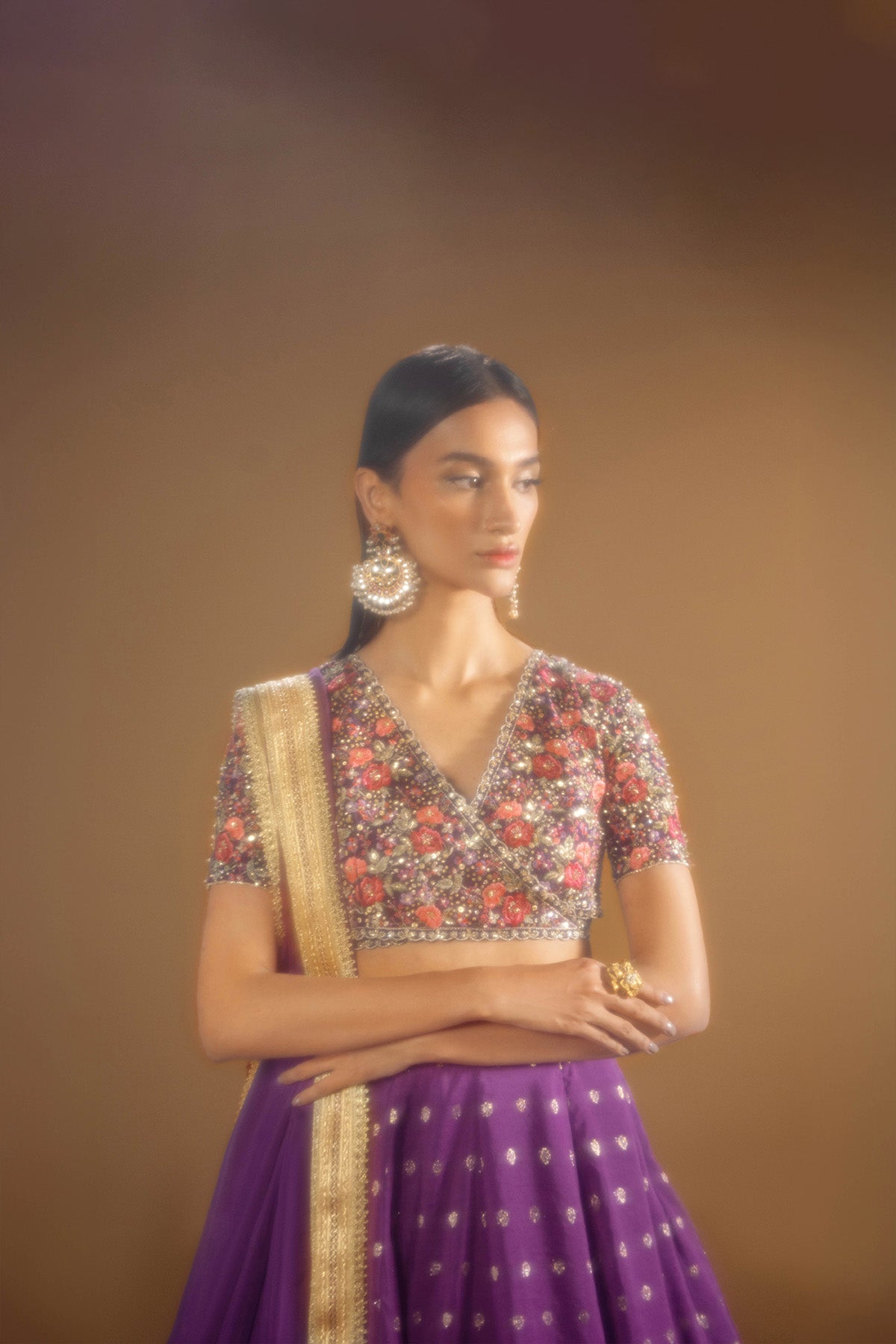 Dark Purple Embroidered Thai Silk Choli & Zari Lehenga (3-Piece) - Image 4