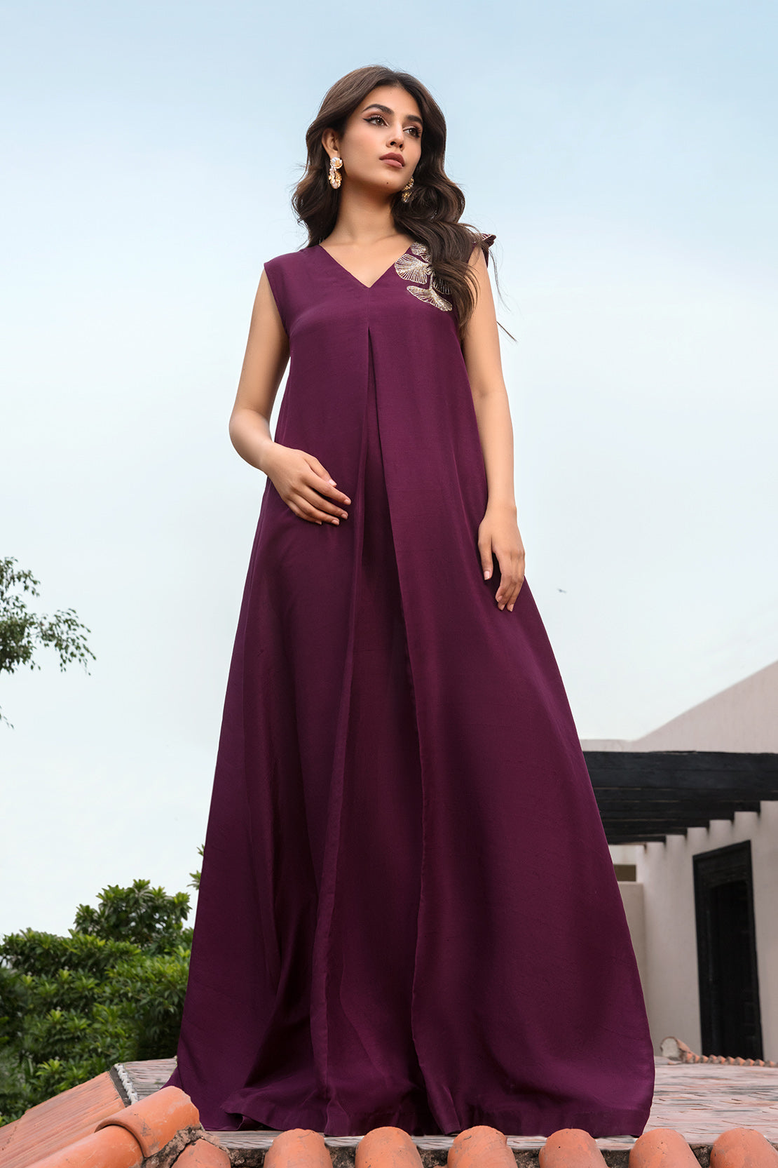 Deep Plum Embellished Raw Silk Maxi Dress (3-Piece) - Image 1