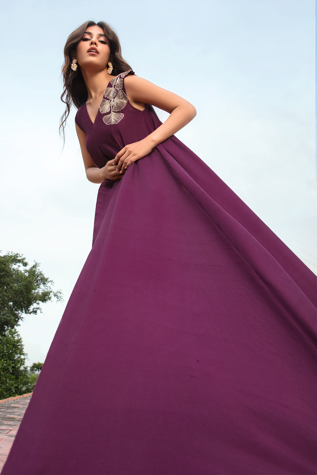 Deep Plum Embellished Raw Silk Maxi Dress (3-Piece) - Image 2