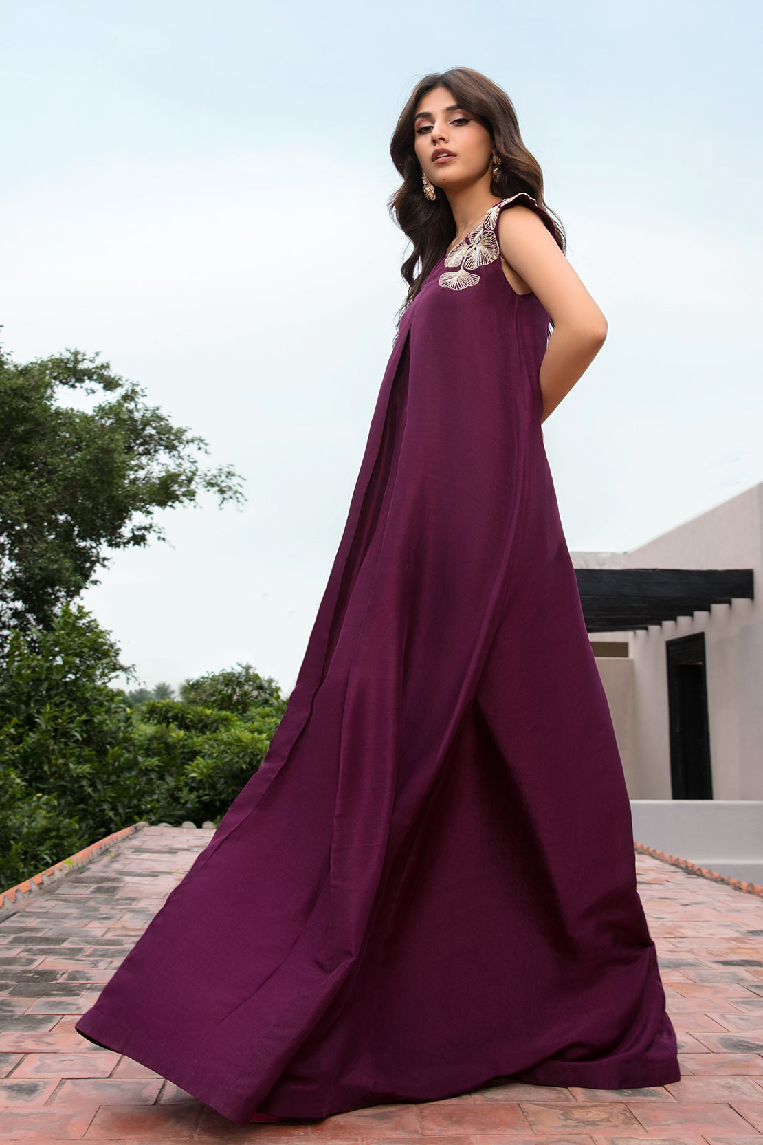 Deep Plum Embellished Raw Silk Maxi Dress (3-Piece) - Image 4