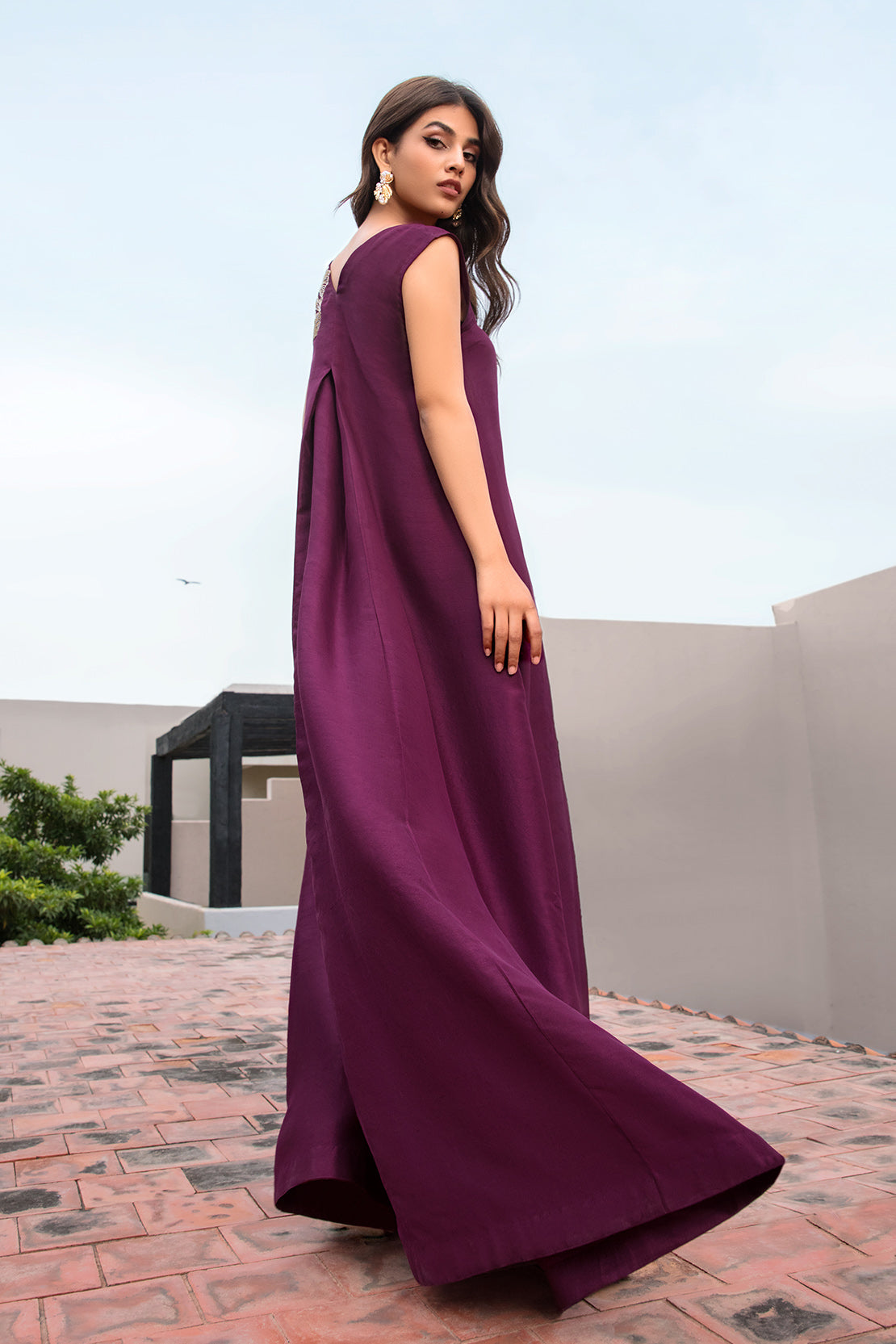 Deep Plum Embellished Raw Silk Maxi Dress (3-Piece) - Image 5