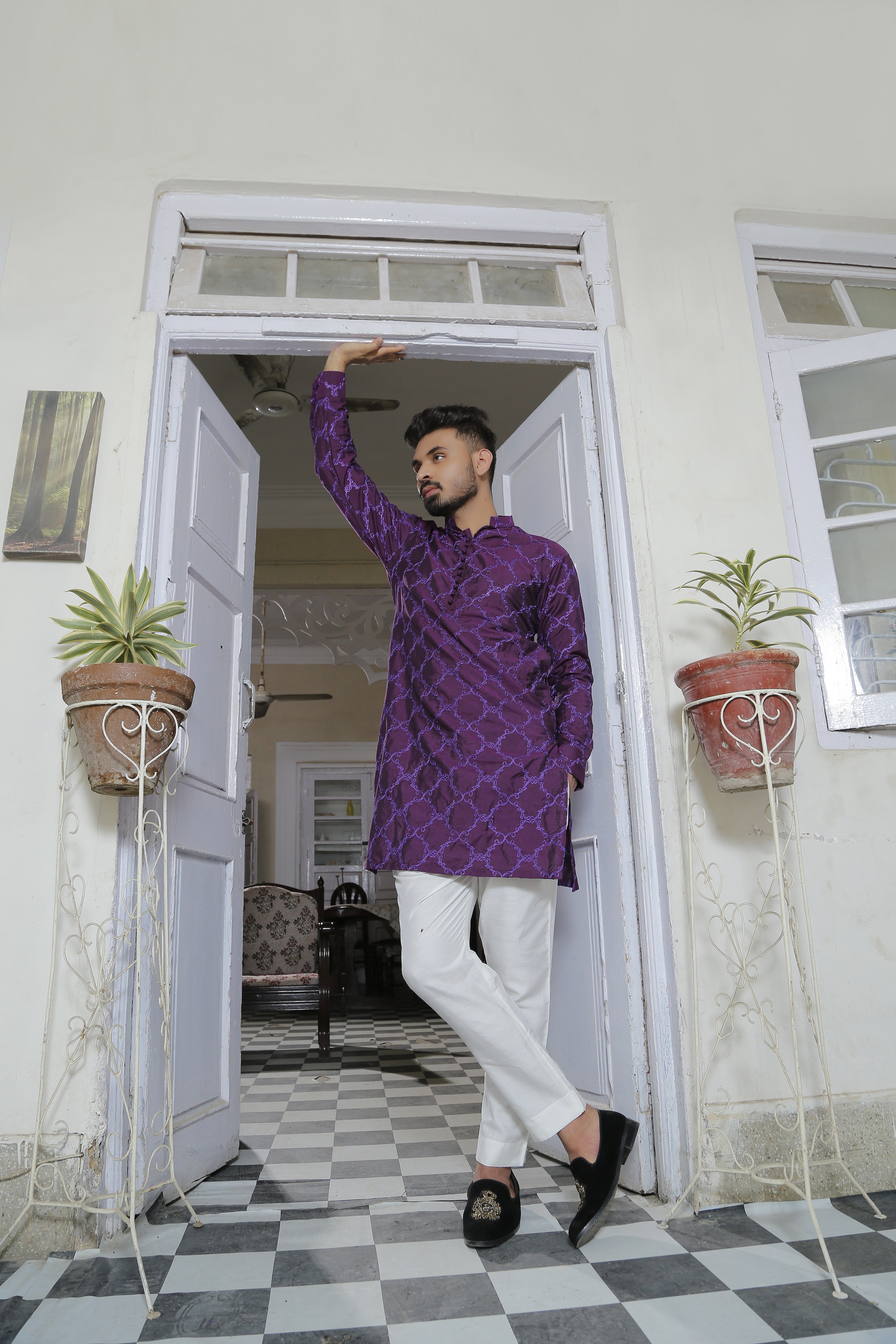 Purple Embroidered Cotton Kurta Set (2-Piece) - Image 1