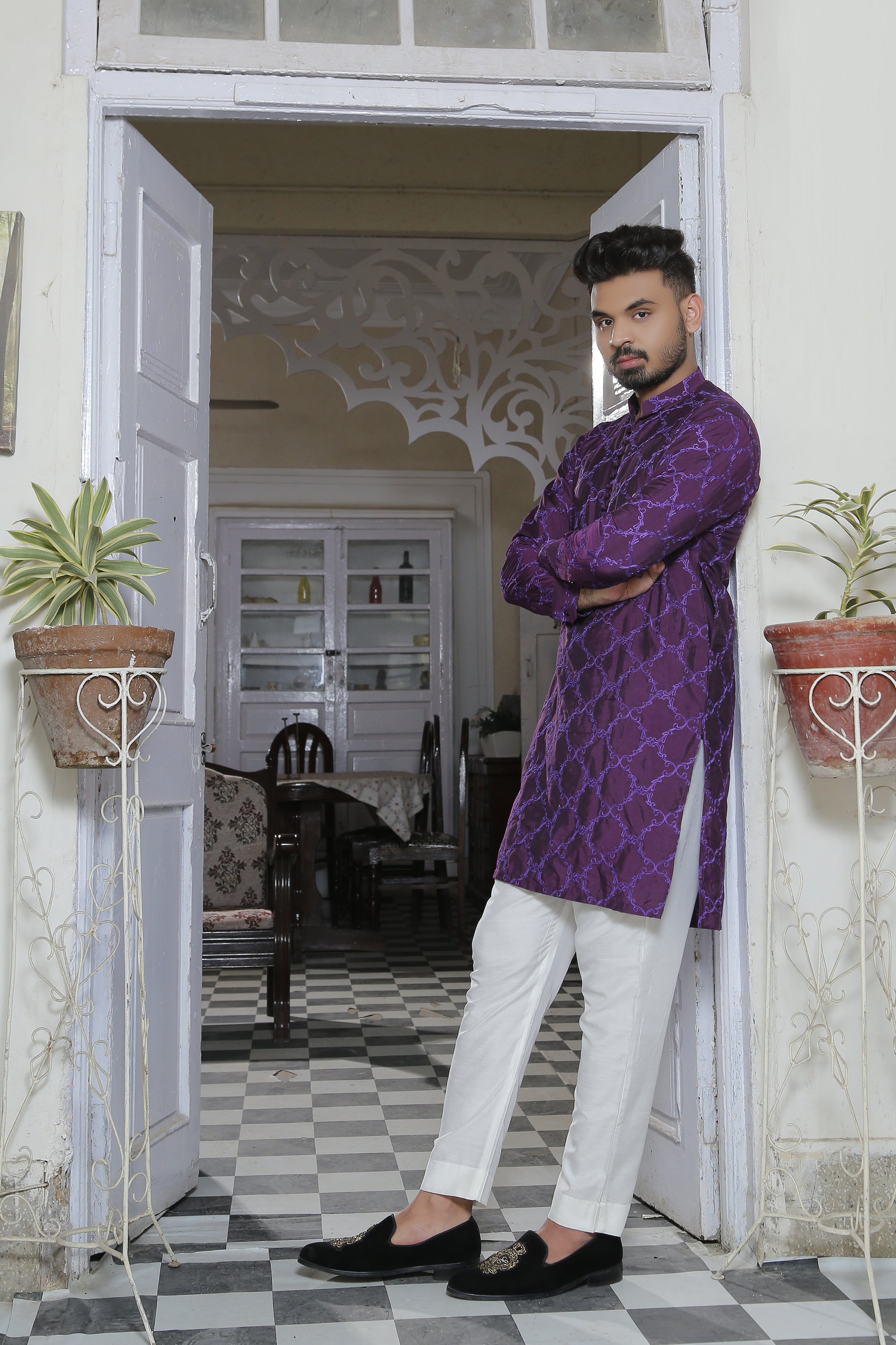 Purple Embroidered Cotton Kurta Set (2-Piece) - Image 2