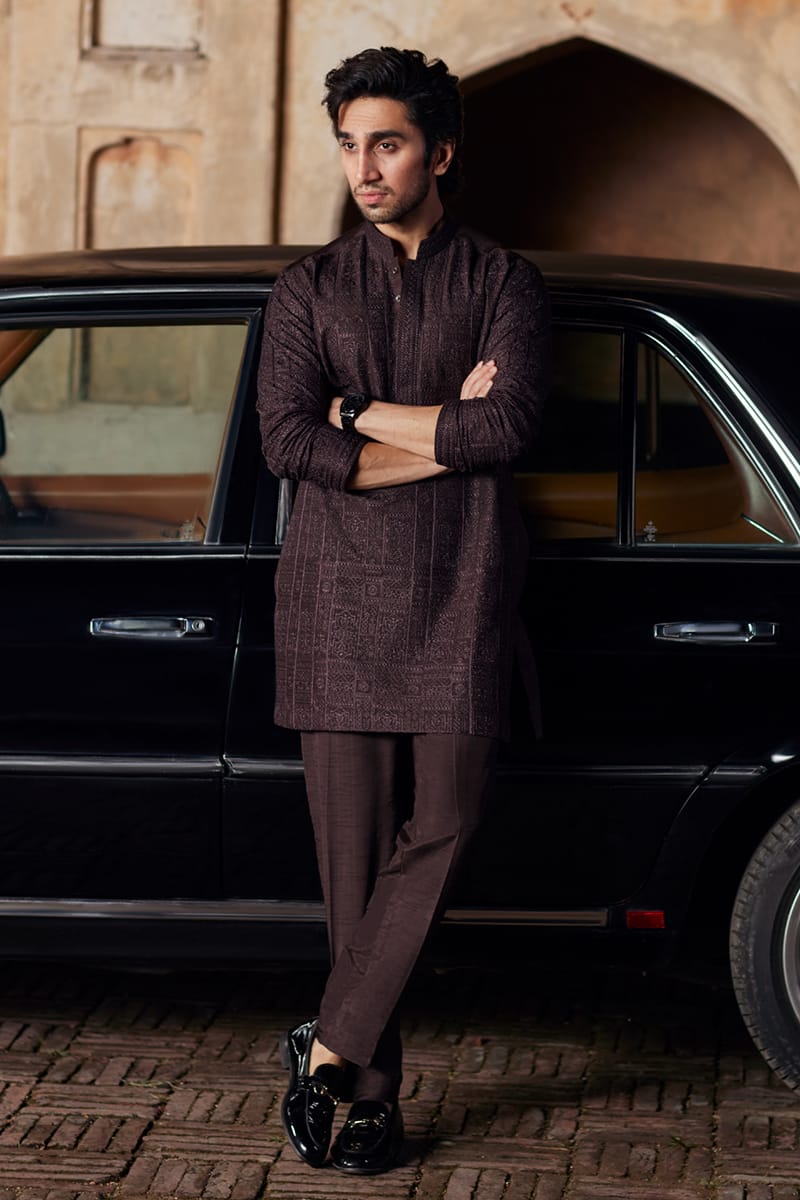 Mulberry Embroidered Raw Silk Kurta Set (2-Piece) - Image 1