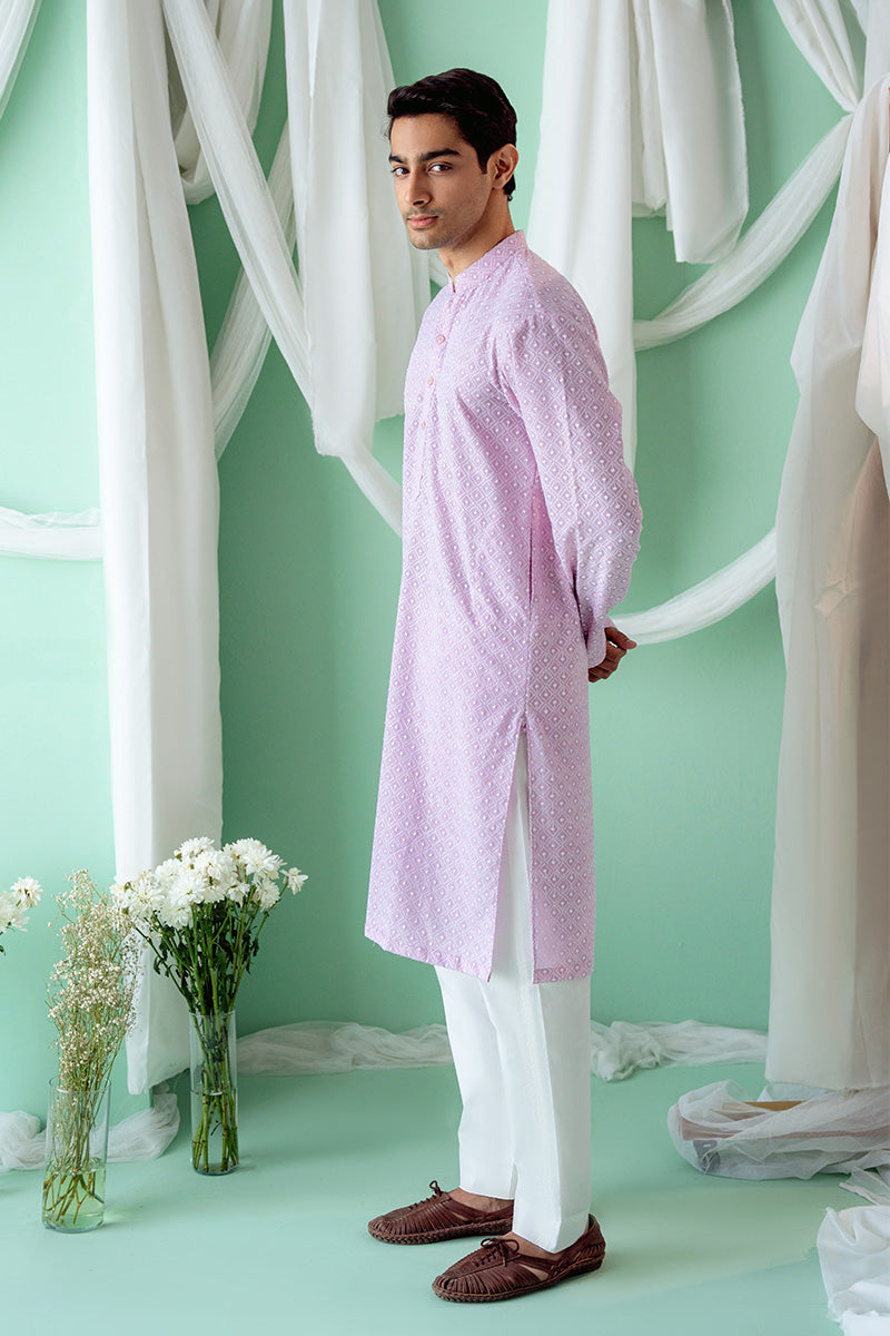 Lavender Schiffli Cotton Kurta with White Pants (2-Piece) - Image 3