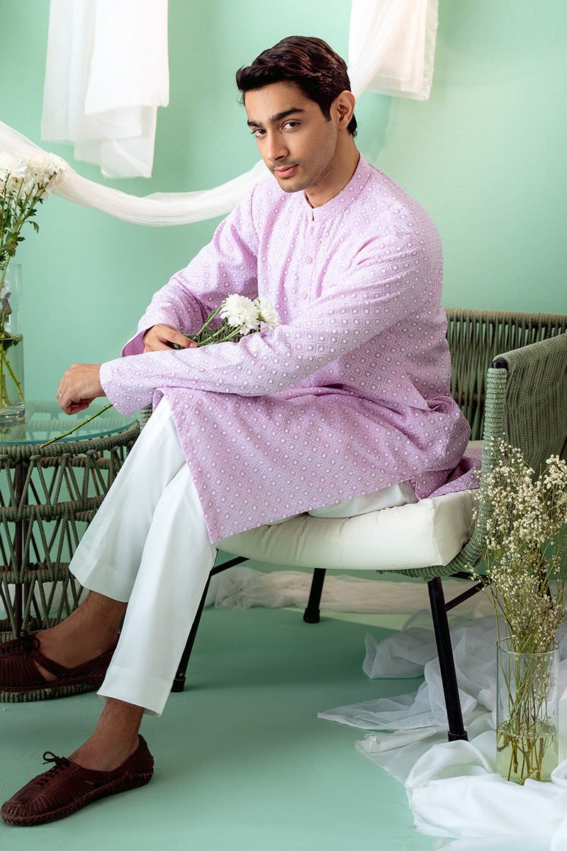 Lavender Schiffli Cotton Kurta with White Pants (2-Piece) - Image 6