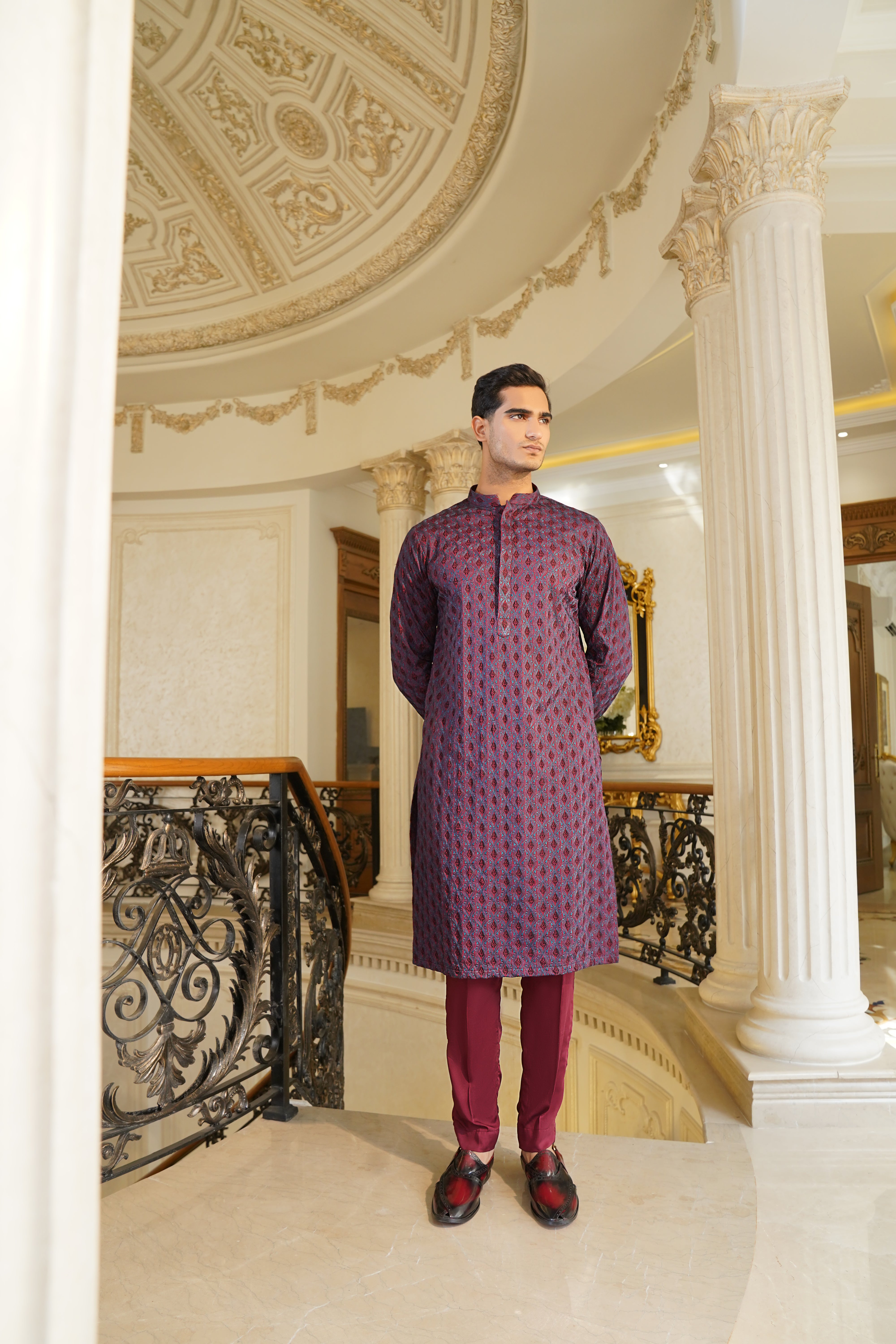 Royal Plum Embroidered Silk-Blend Kurta Set (2-Piece) - Image 1